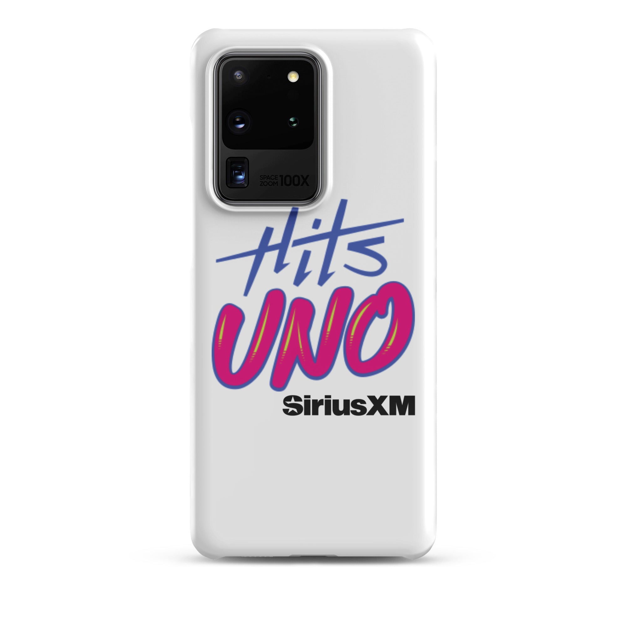 Phone case design featuring 'Hits UNO' and 'SiriusXM' in vibrant blue and pink colors on a white background.