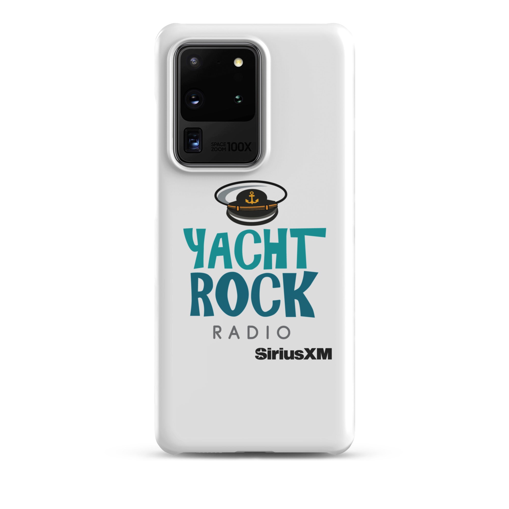 White phone case featuring 'Yacht Rock Radio' logo with a captain's hat and 'SiriusXM' branding.