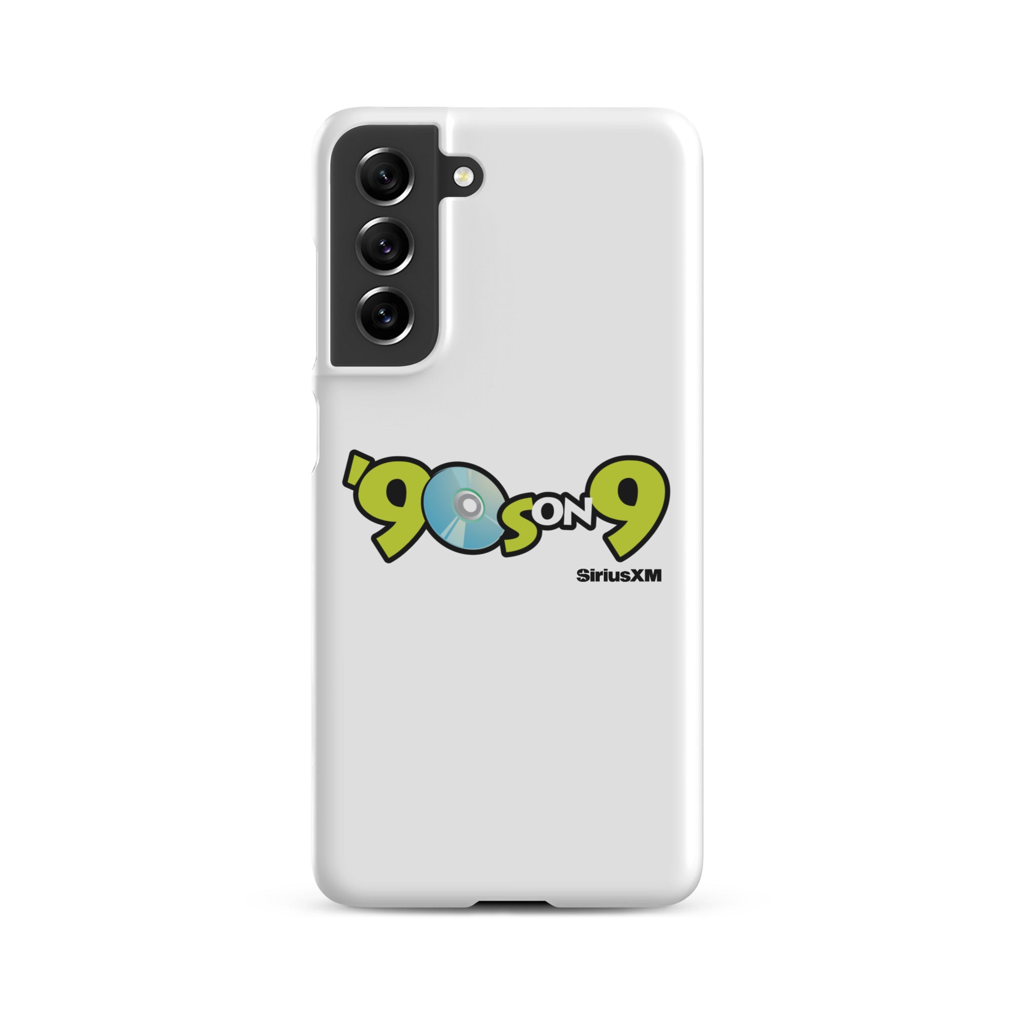 White phone case featuring the '90s on 9 SiriusXM' logo with a blue disc icon.