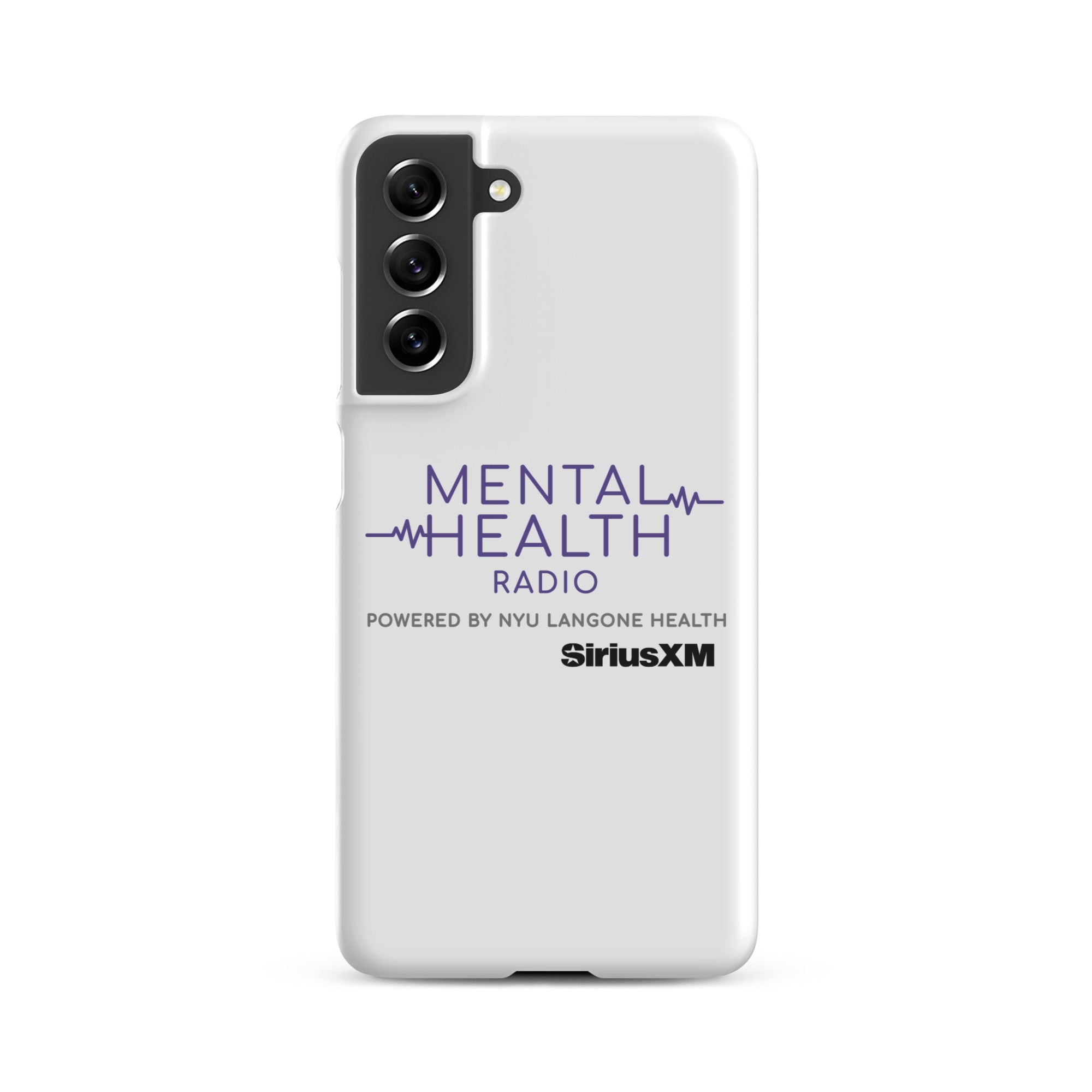 White phone case featuring 'MENTAL HEALTH RADIO powered by NYU Langone Health' logo and 'SiriusXM' branding.