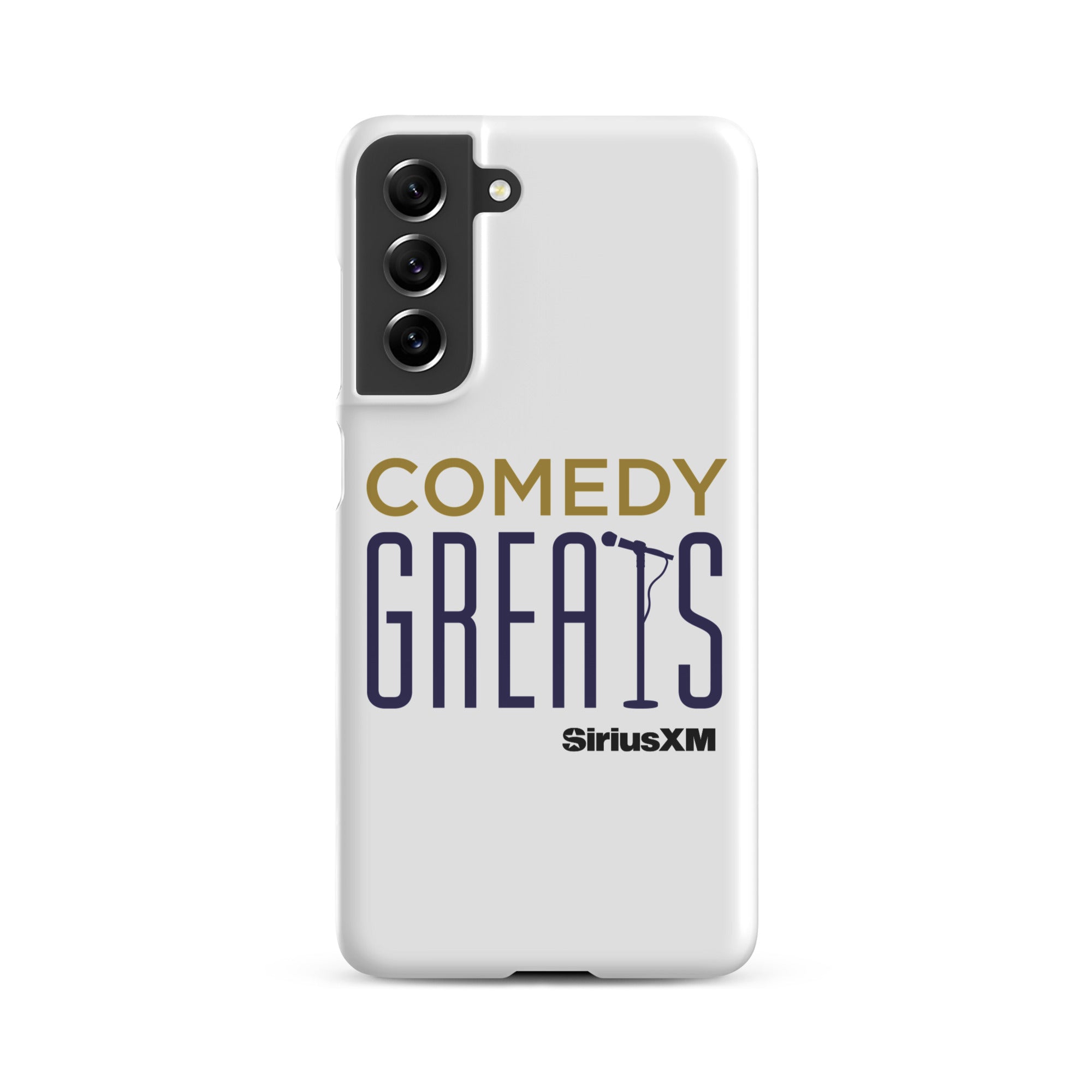 White phone case with 'COMEDY GREATS' logo and a microphone icon, featuring the 'SiriusXM' logo.