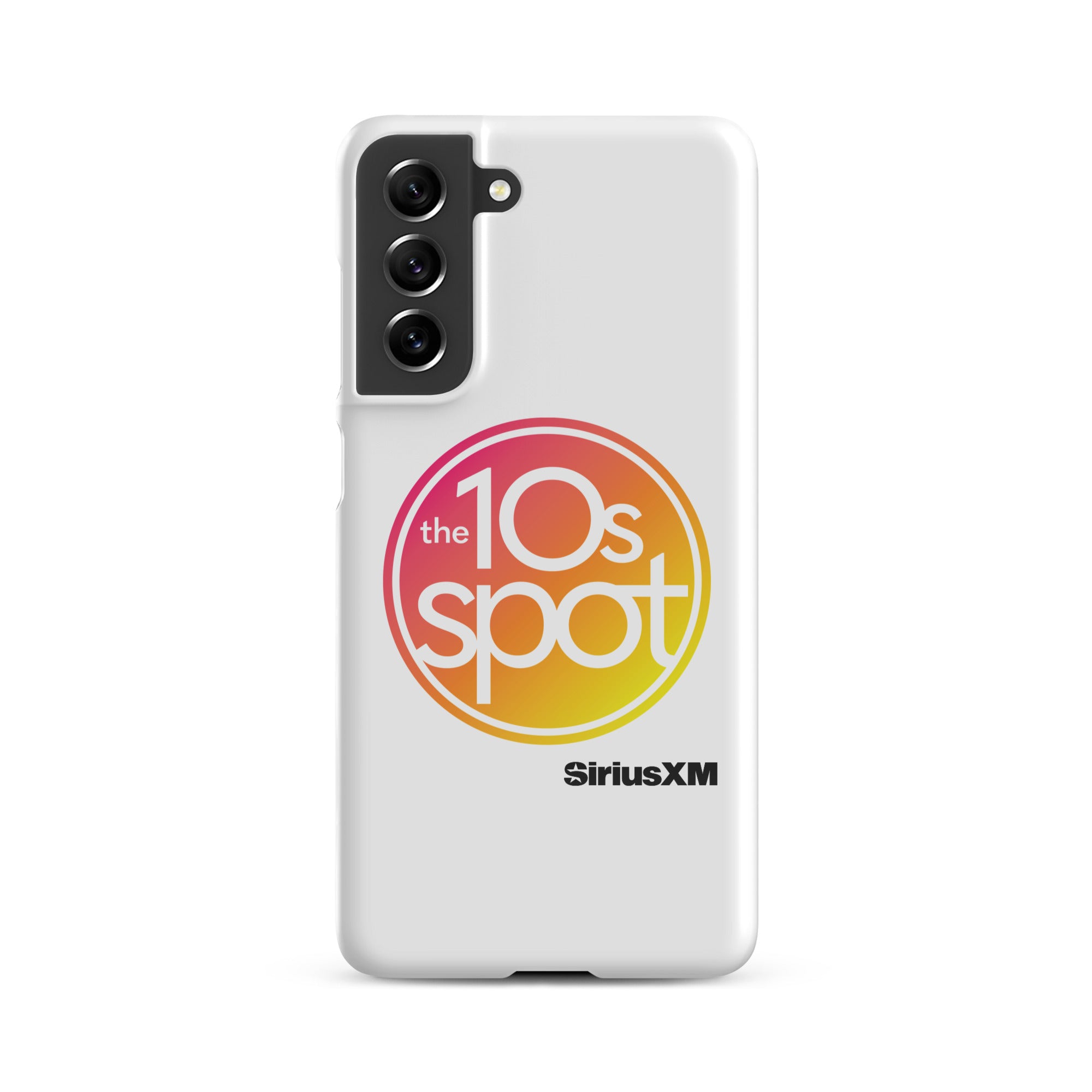 White phone case featuring 'the 10s spot' logo in a pink and yellow gradient and 'SiriusXM' branding.