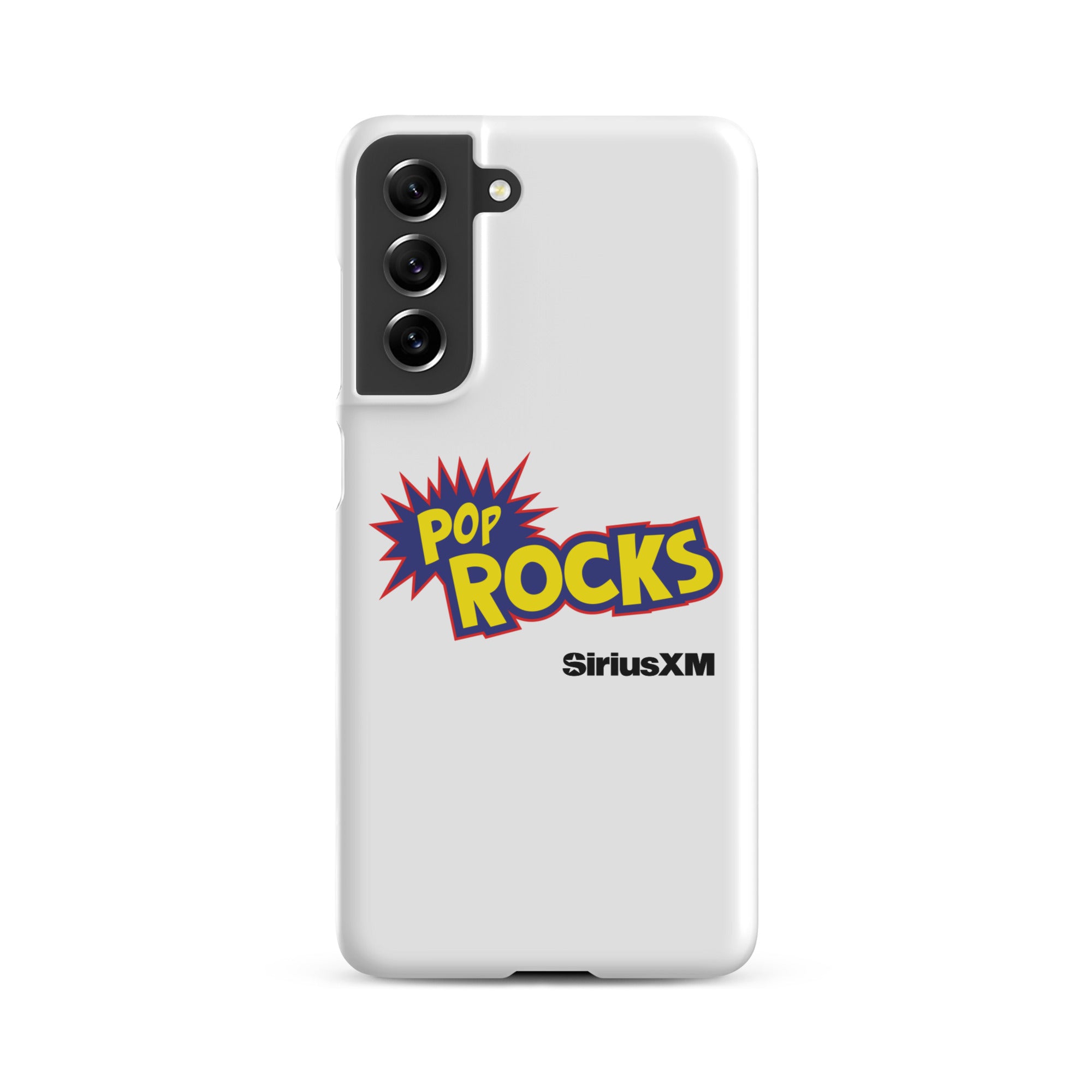 A white phone case featuring 'Pop Rocks' explosion graphic design  'SiriusXM' logo.