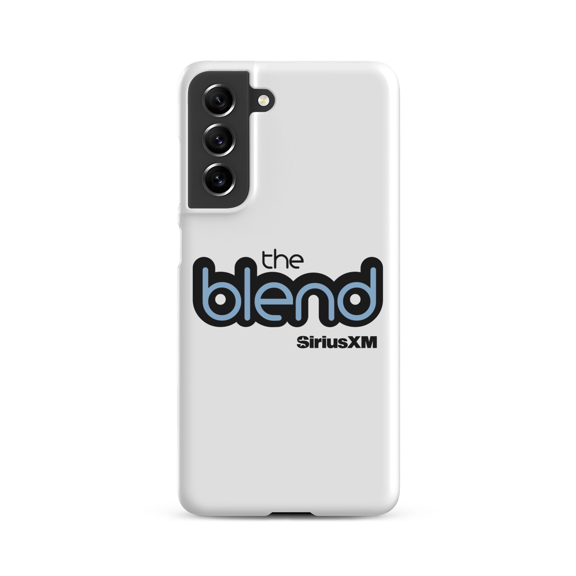 White phone case featuring the logo 'the blend' and 'SiriusXM' in blue and black text.