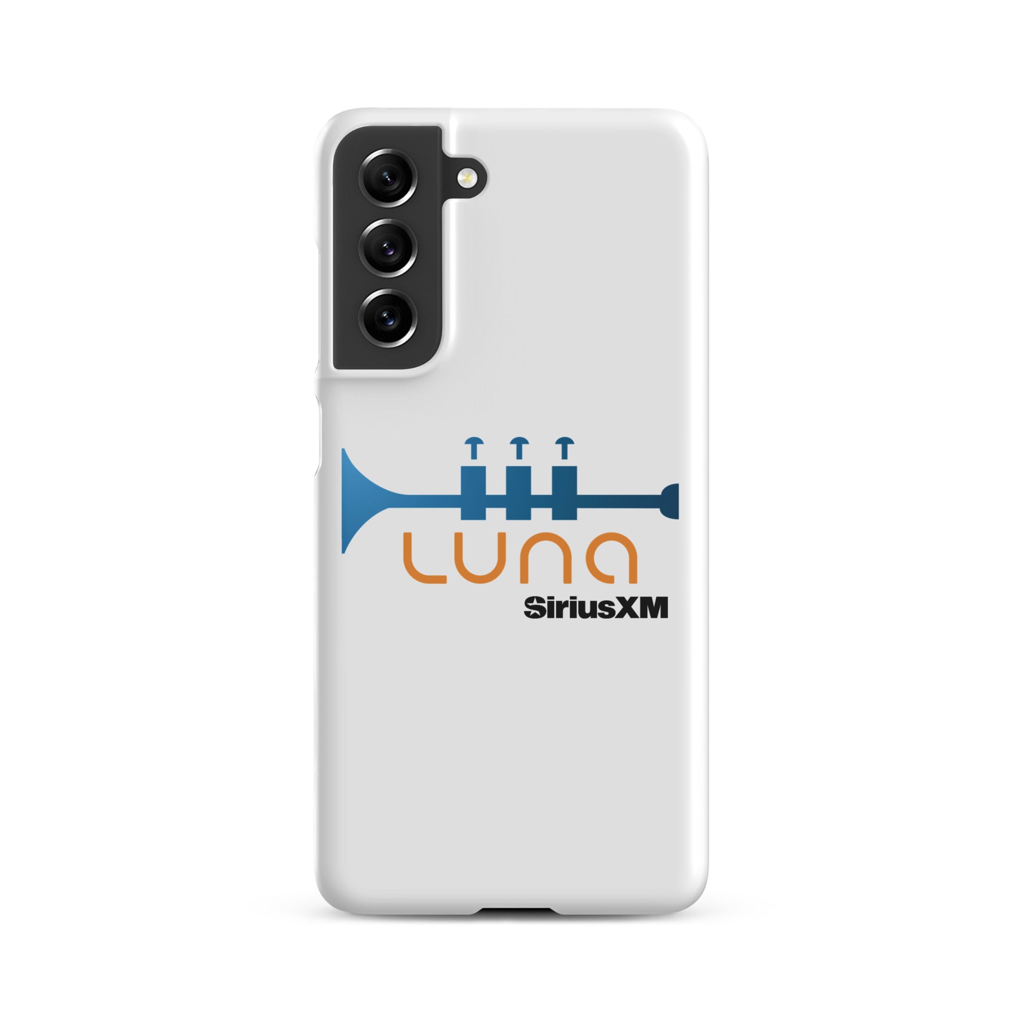 White phone case featuring a blue trumpet graphic and the logo 'LUNA SiriusXM' in orange and black.