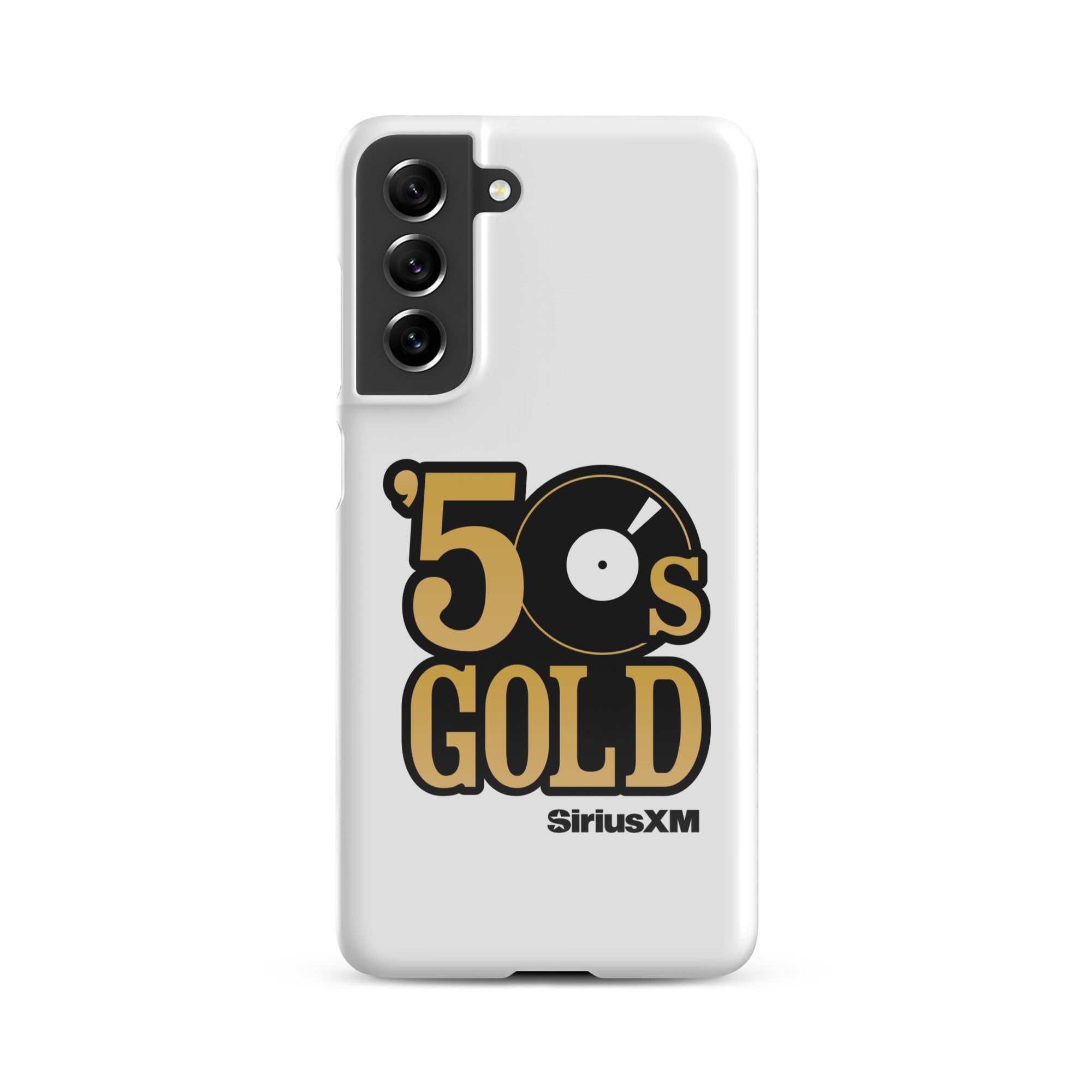 A white phone case featuring '50s GOLD' logo and 'SiriusXM' branding.