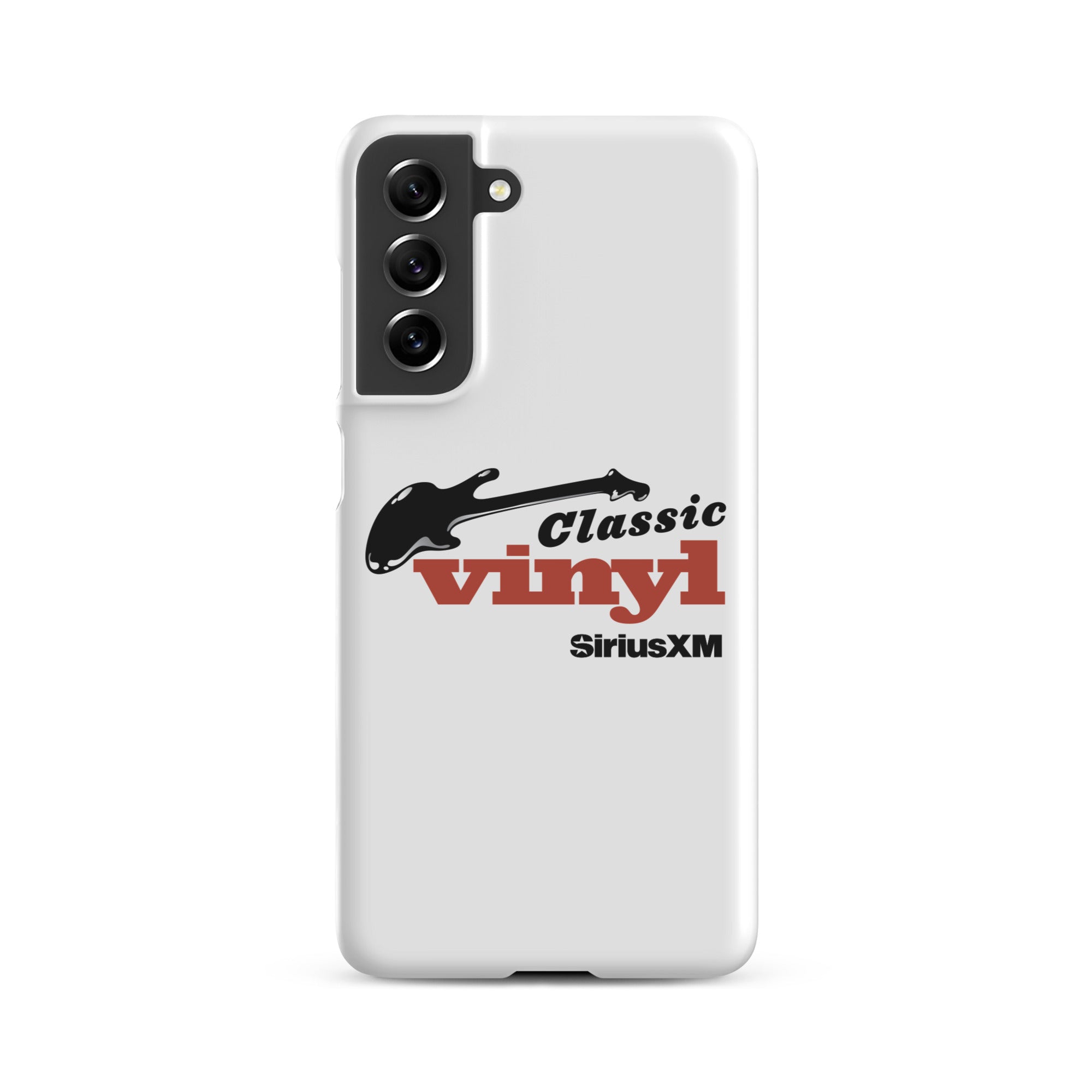 White phone case featuring 'Classic Vinyl' logo in red and black, and a black guitar graphic, with 'SiriusXM' logo.