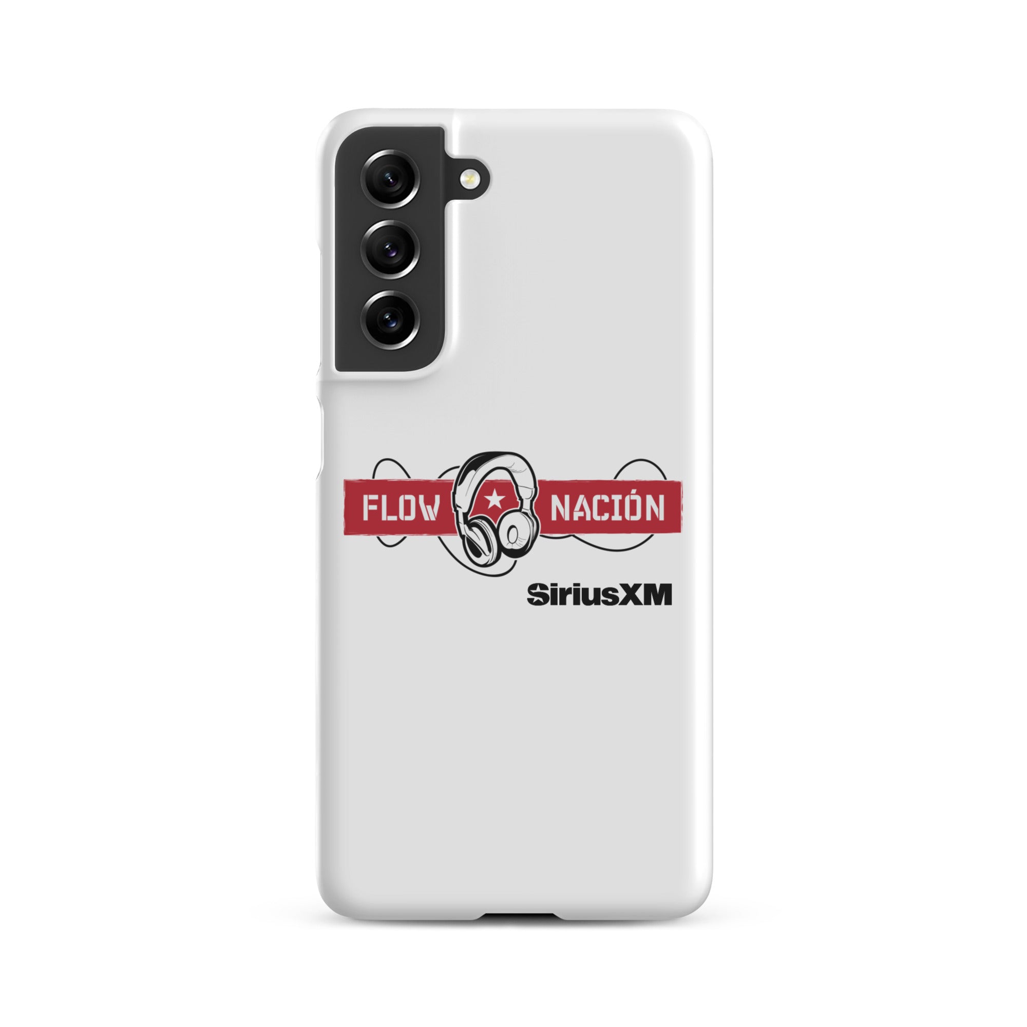 A white phone case featuring the 'FLOW NACIÓN' logo with headphones and the 'SiriusXM' branding.