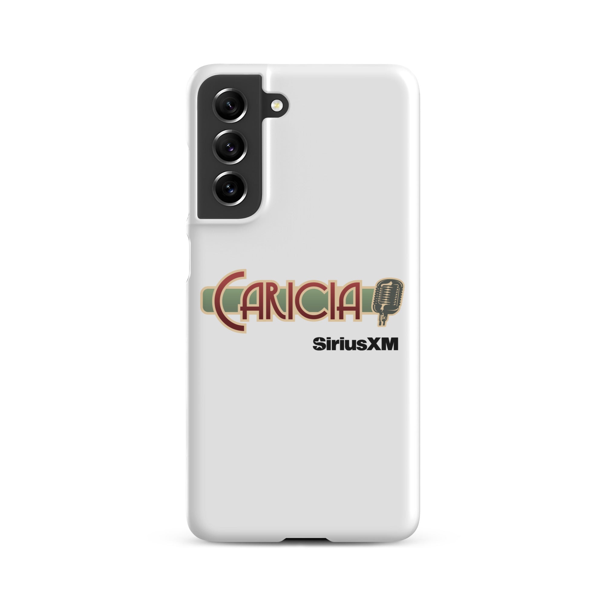 White phone case featuring the text 'CARICIA' and 'SiriusXM' with a microphone graphic.