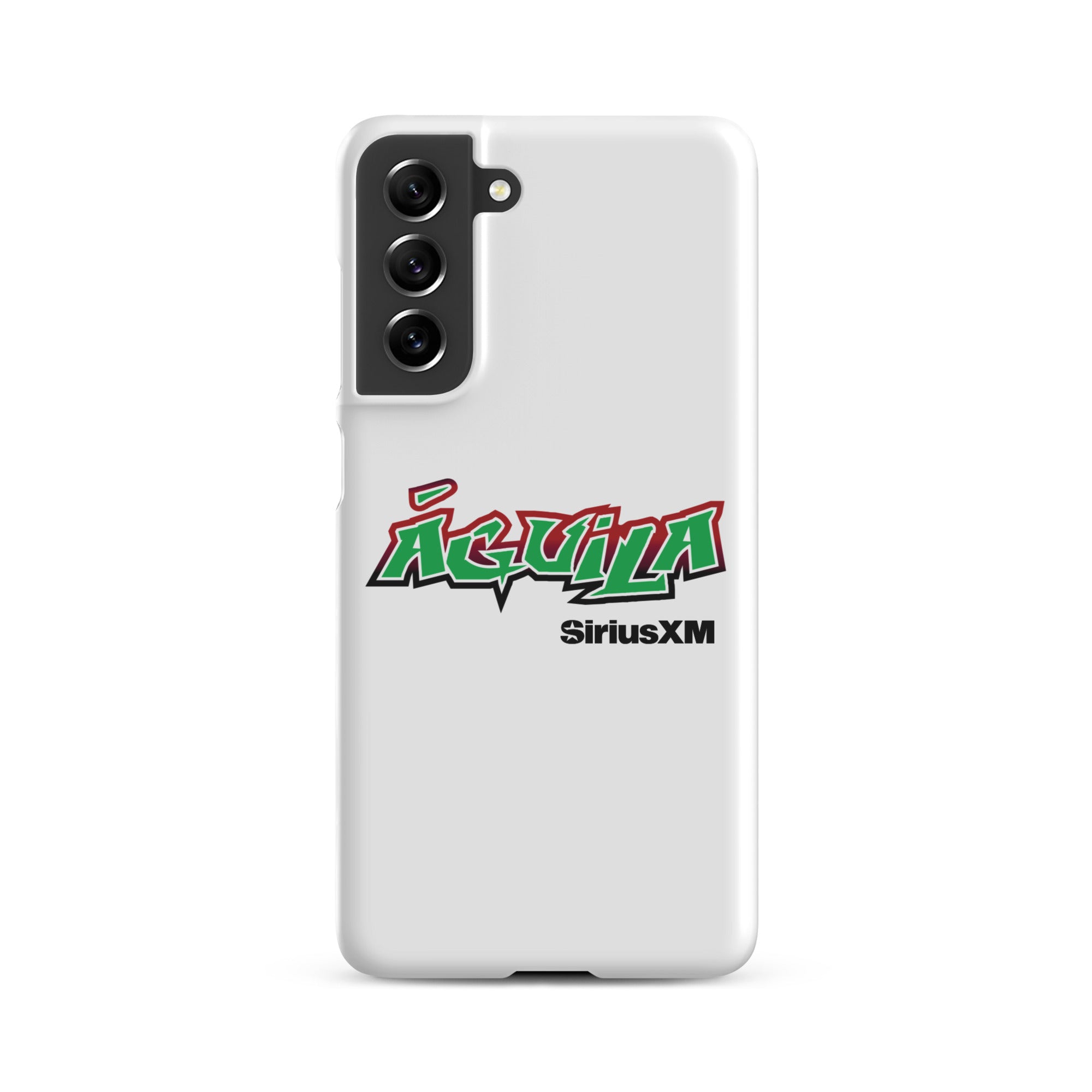 White smartphone case featuring 'Águila' in green and red text with 'SiriusXM' below.