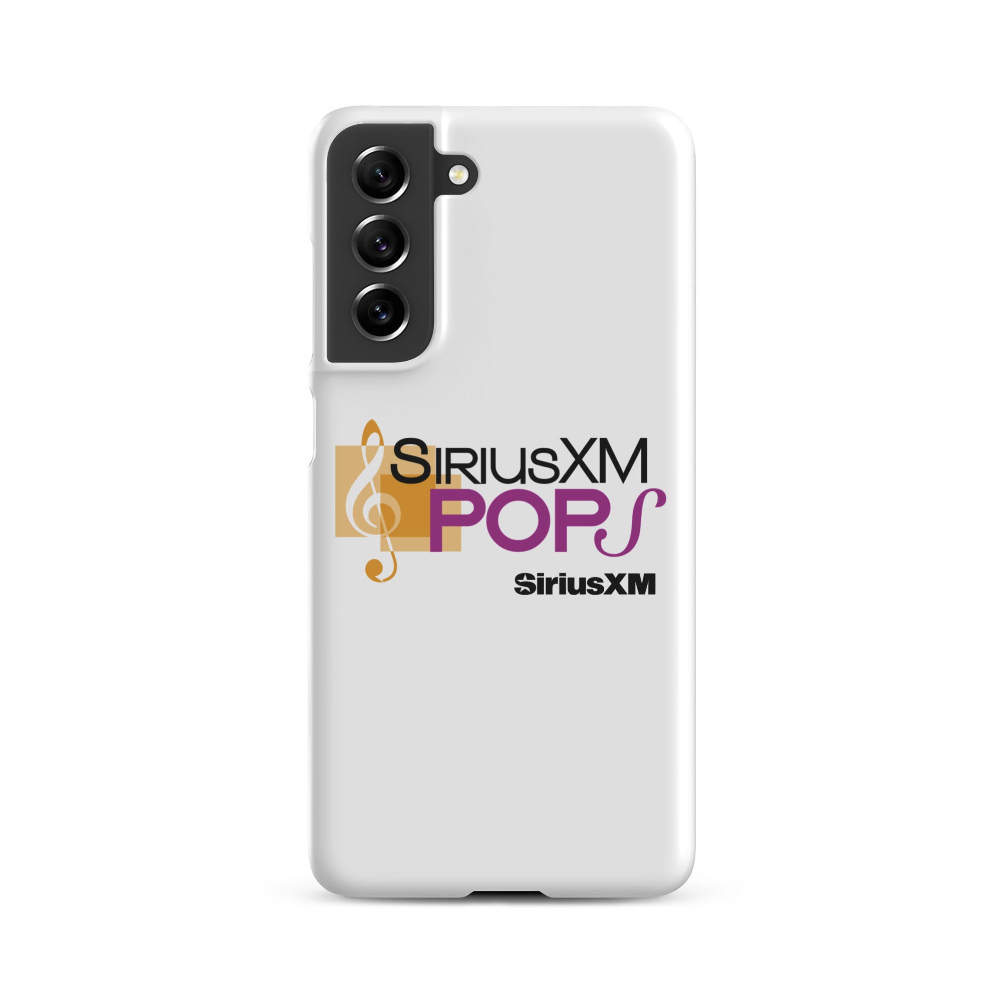 White phone case with 'SiriusXM Pops' logo featuring musical notes and 'SiriusXM' branding.