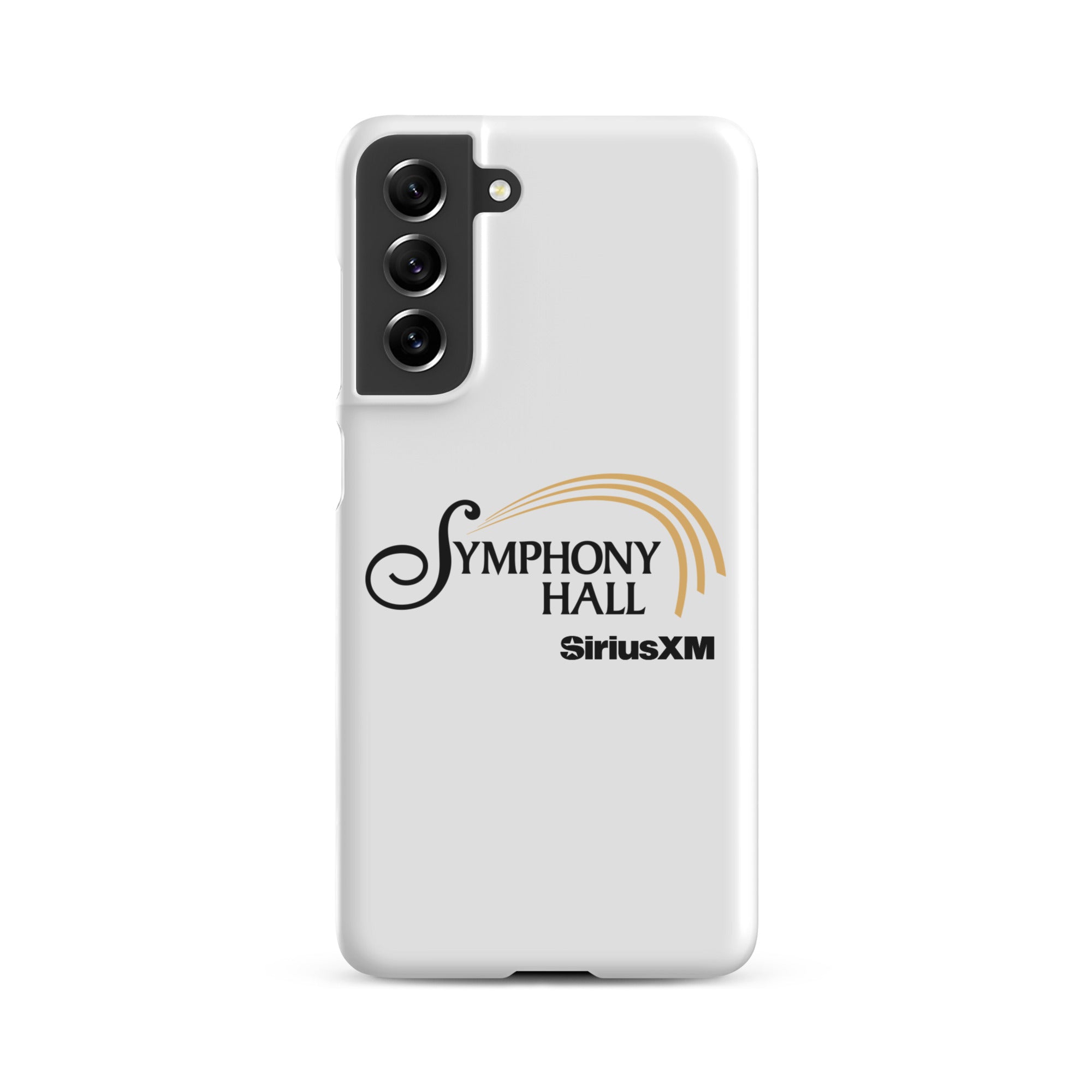 White phone case featuring the words 'Symphony Hall' and 'SiriusXM' in black and gold.