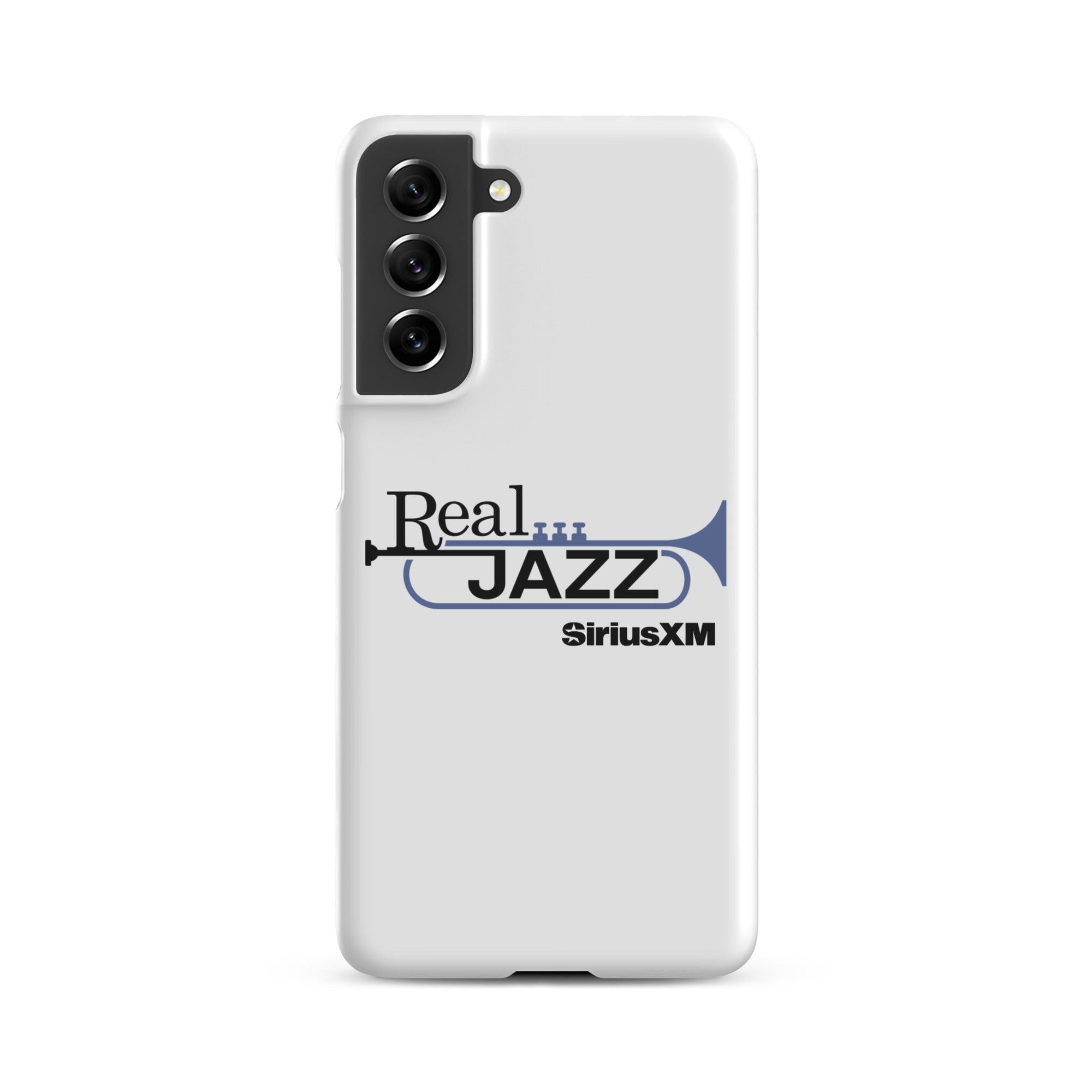 White phone case featuring 'Real Jazz' logo with trumpet and 'SiriusXM' text.