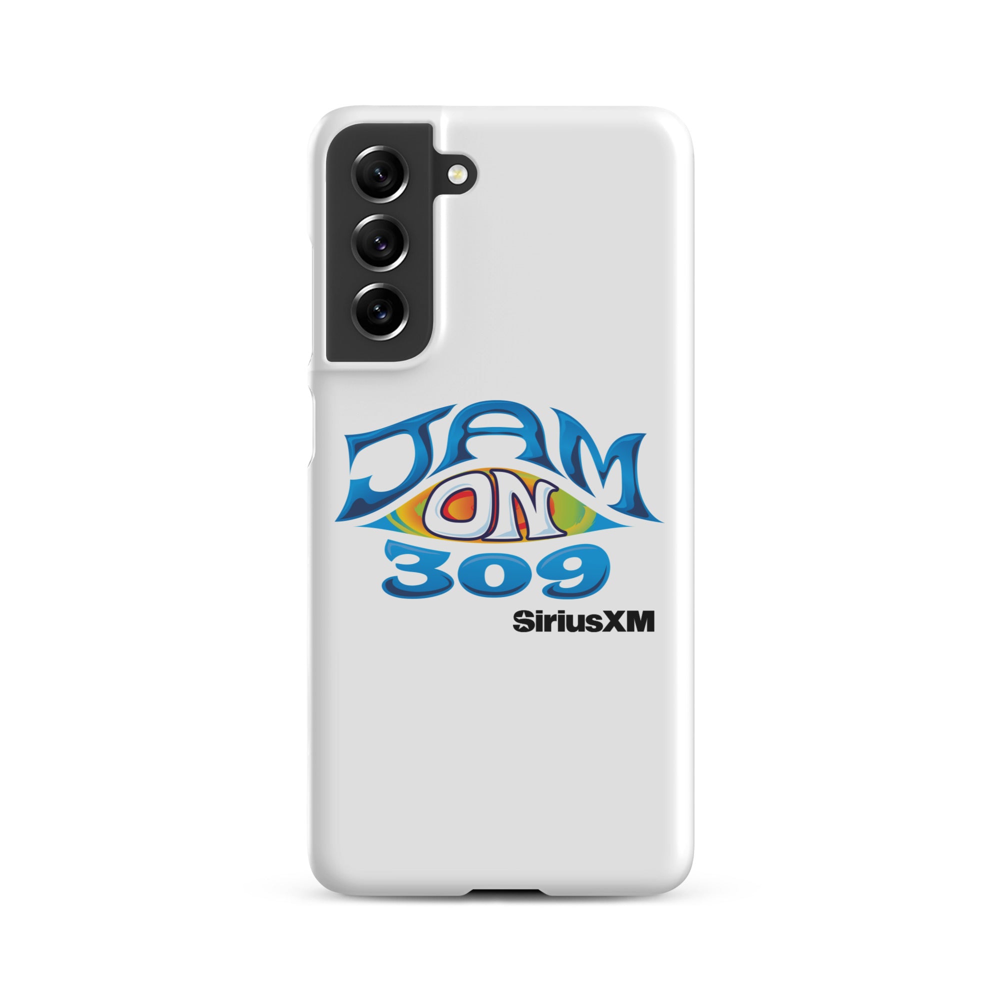 White phone case featuring 'JAM ON 309' logo and 'SiriusXM' text in blue and colorful design.