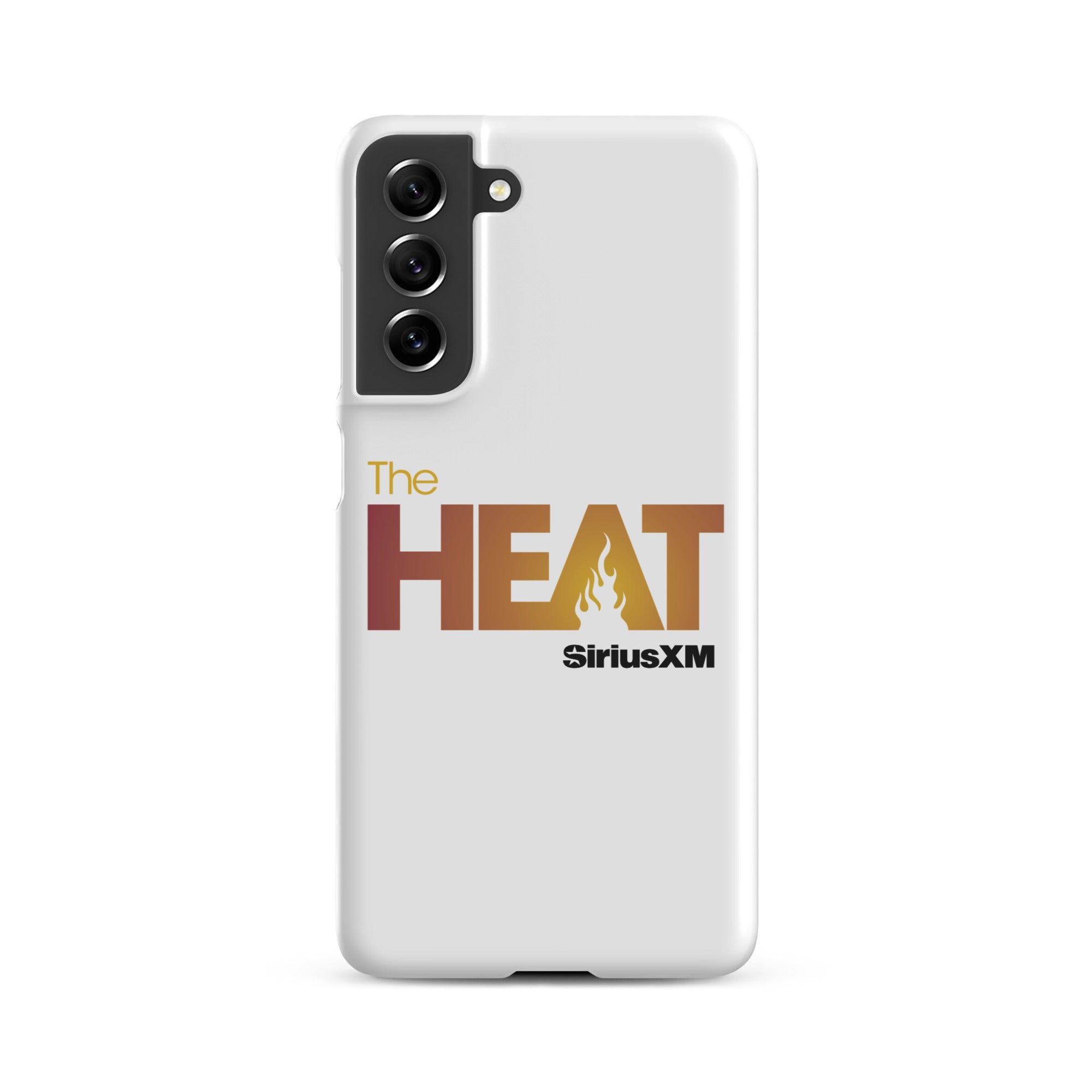 White phone case featuring 'The HEAT' logo with a flame design in orange and red hues and 'SiriusXM' branding.