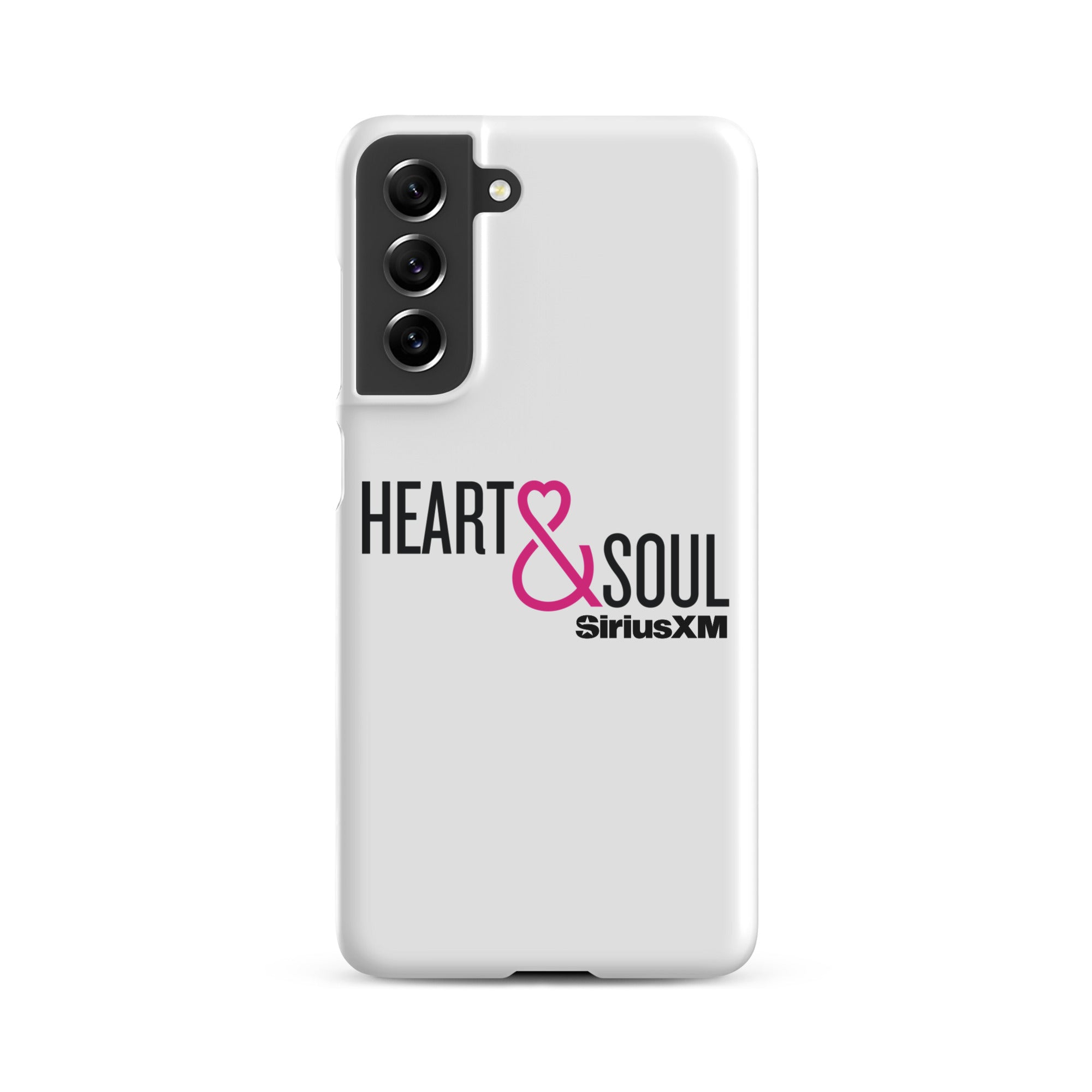 White phone case featuring 'HEART & SOUL' in black and pink text, with 'SiriusXM' logo.