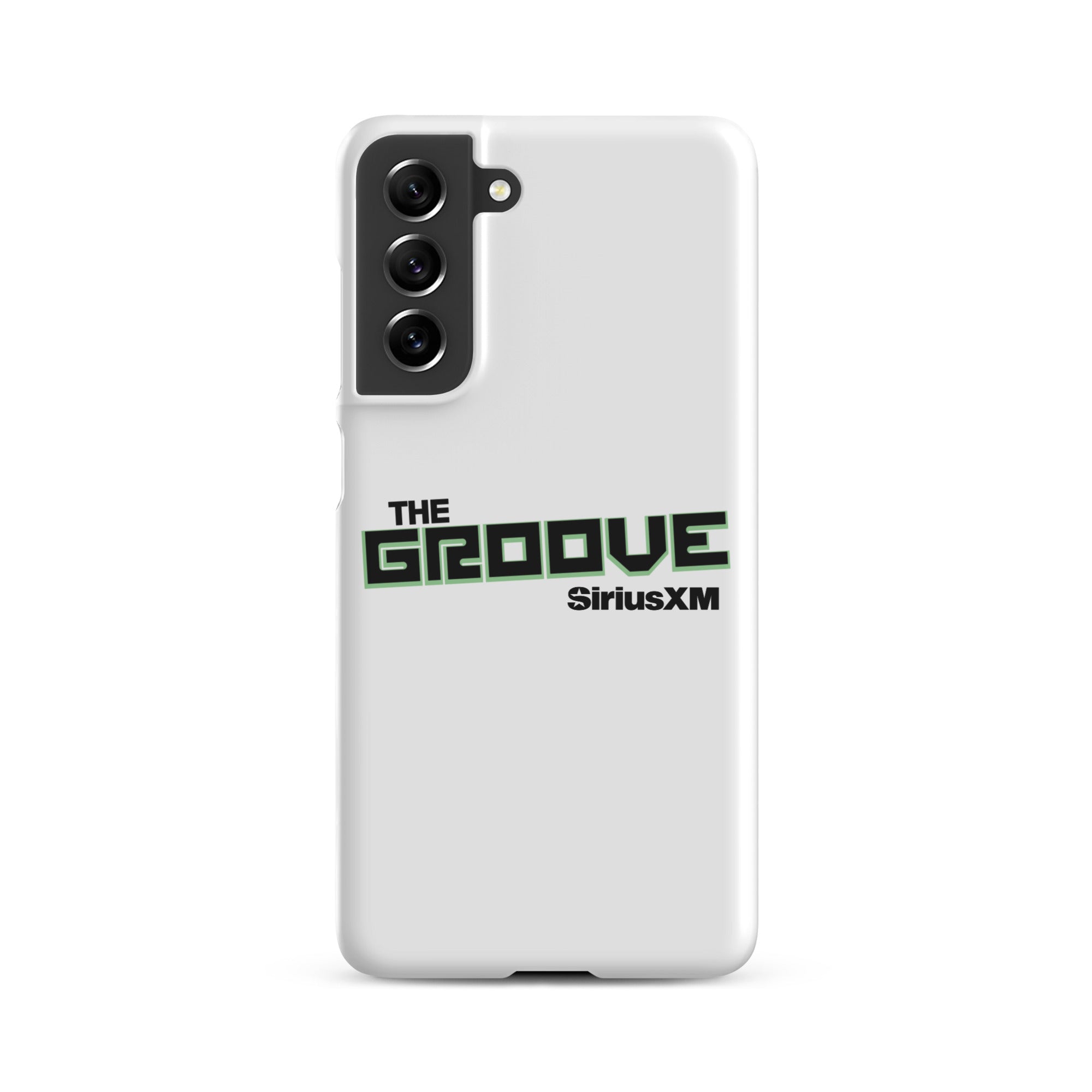 White phone case featuring 'THE GROOVE' and 'SiriusXM' logos in green and black.