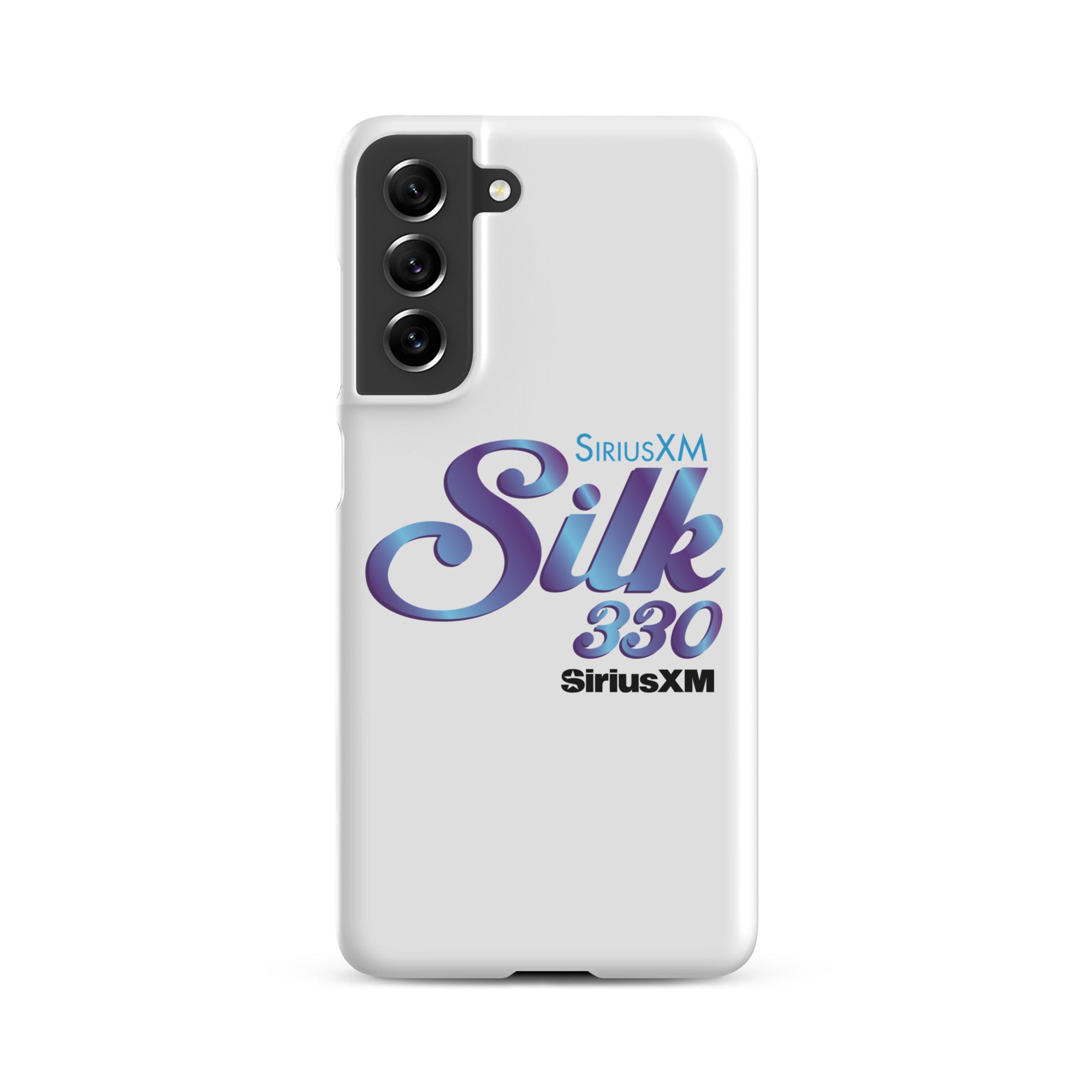 White phone case featuring 'SiriusXM Silk 330' logo in purple and 'SiriusXM' branding in black text.