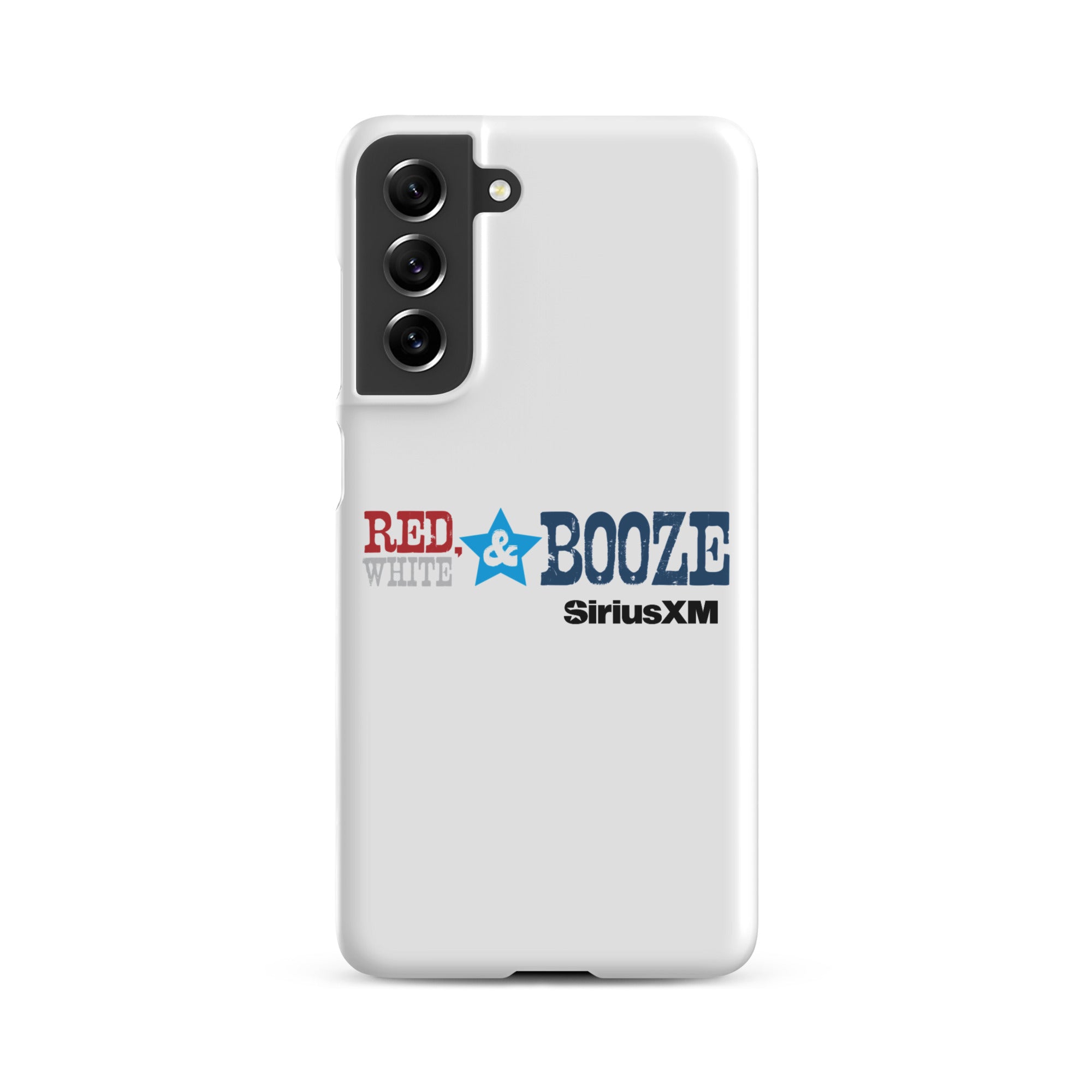 A white phone case featuring the logo 'RED, WHITE & BOOZE' along with 'SiriusXM' logo.