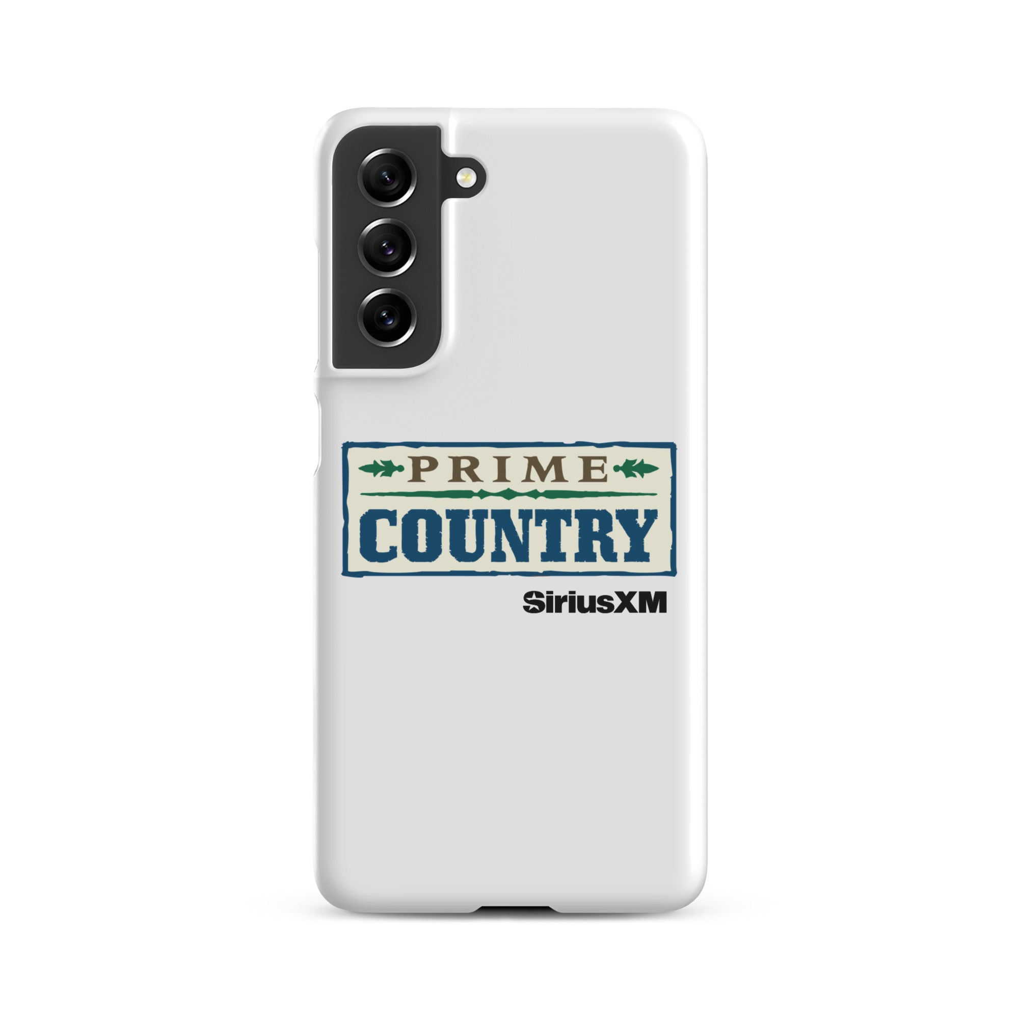 White phone case featuring the 'Prime Country' logo and 'SiriusXM' branding.