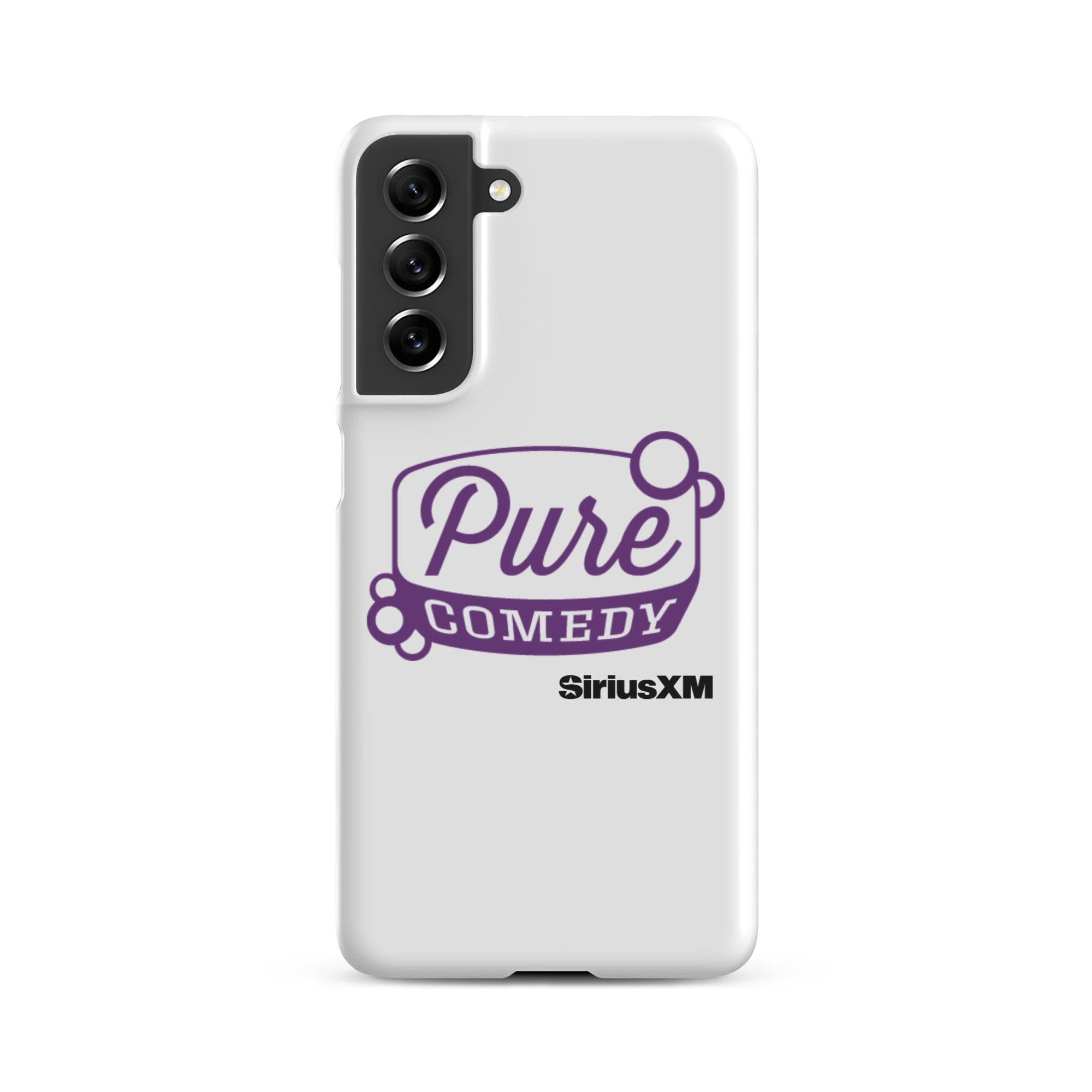 White phone case featuring 'Pure Comedy' in purple text and the 'SiriusXM' logo.