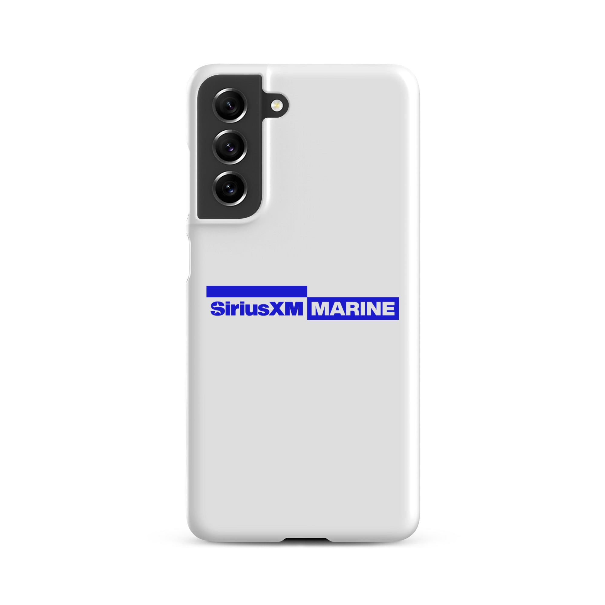 White phone case featuring the SiriusXM Marine logo in blue.