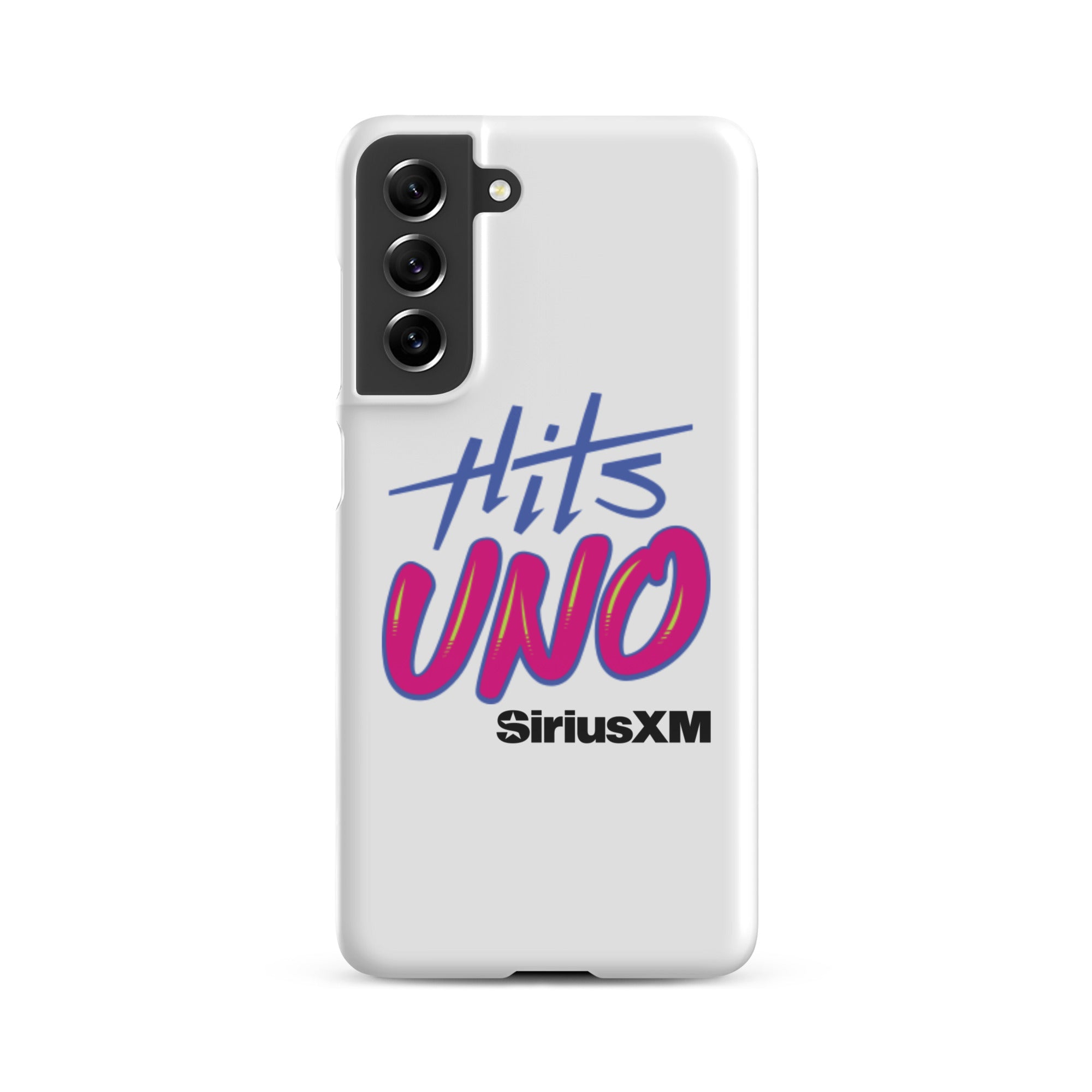 Phone case design featuring 'Hits UNO' and 'SiriusXM' in vibrant blue and pink colors on a white background.