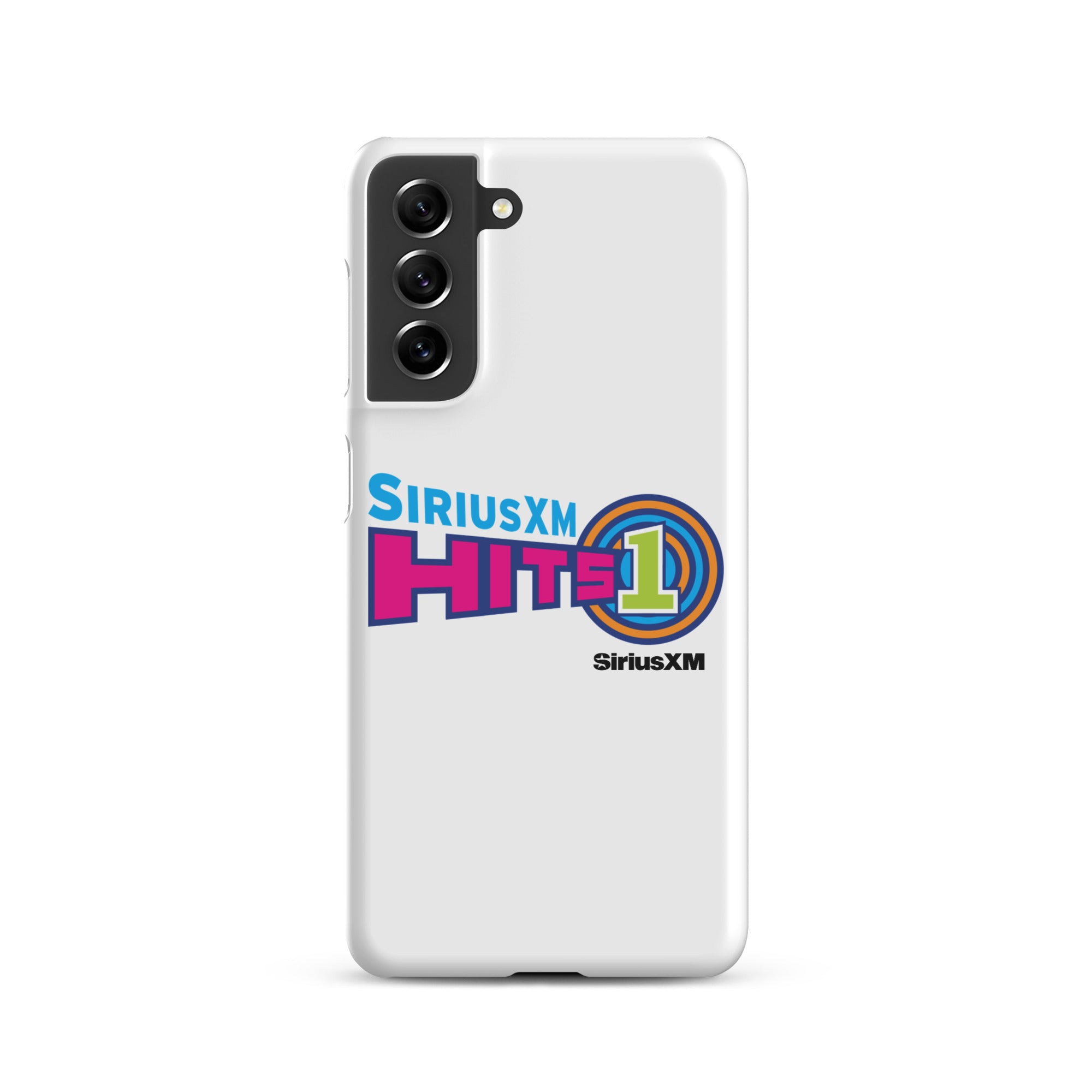 White phone case with 'SiriusXM Hits 1' logo, featuring colors pink, blue, and green design elements and 'SiriusXM' branding.