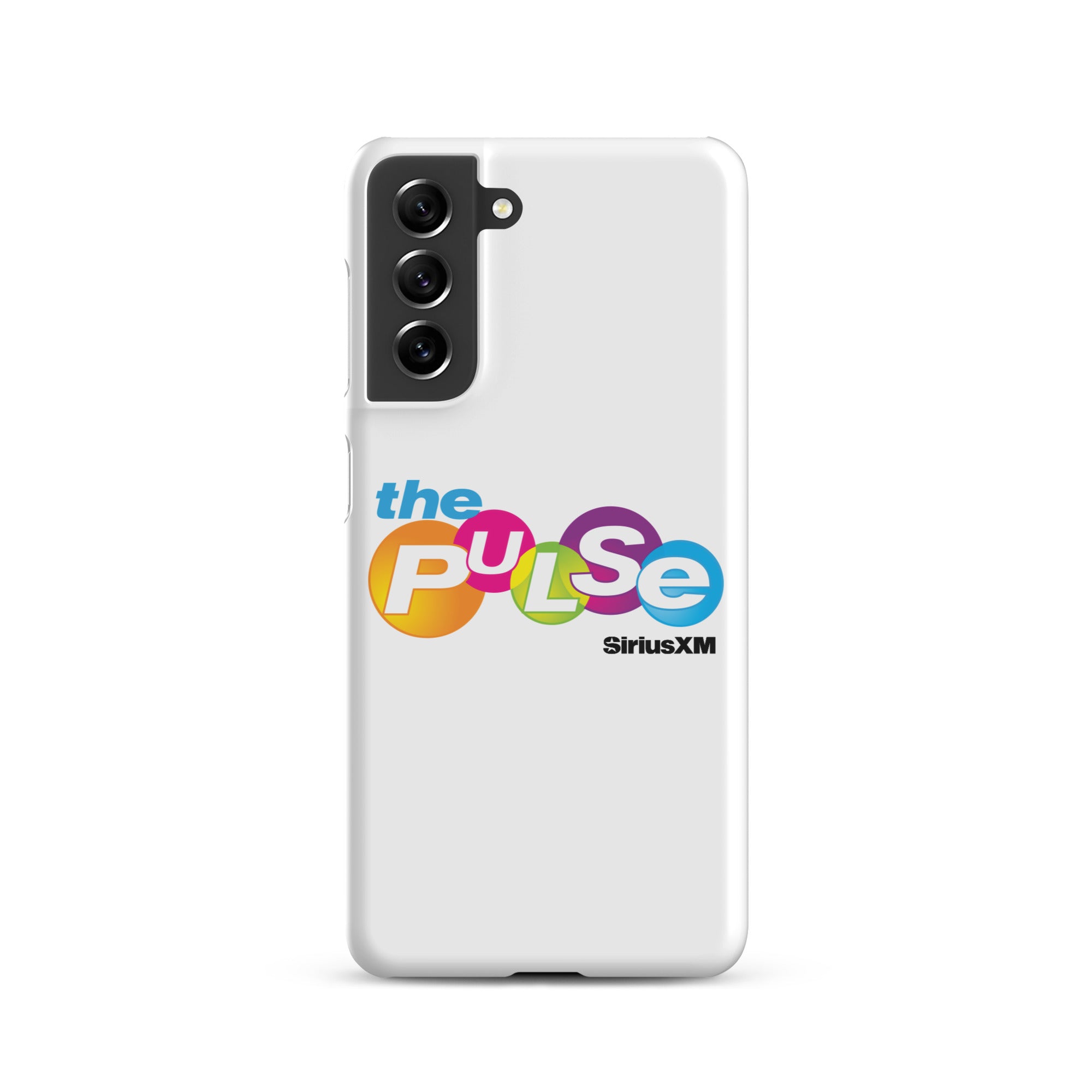 A white phone case featuring the colorful logo 'the PULSe SiriusXM.'