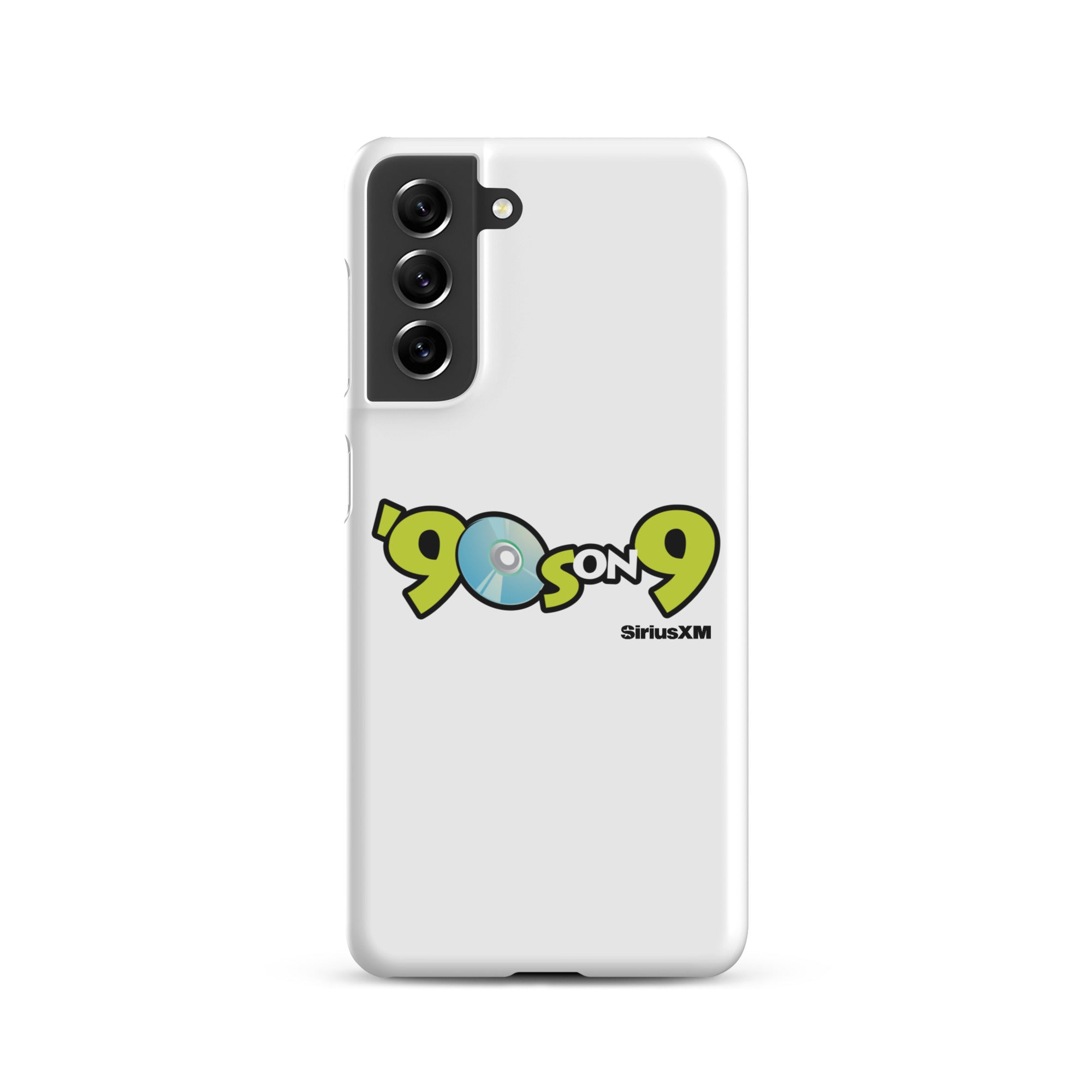 White phone case featuring the '90s on 9 SiriusXM' logo with a blue disc icon.