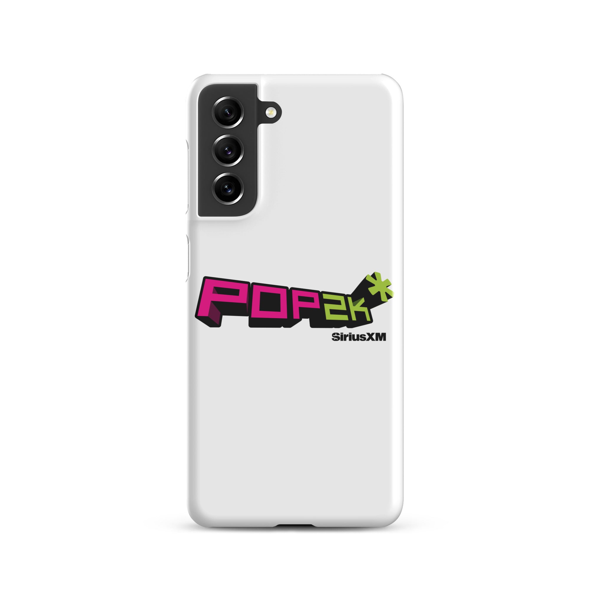 White phone case featuring the 'POP2K' logo with 'SiriusXM' branding in bold pink and green colors.