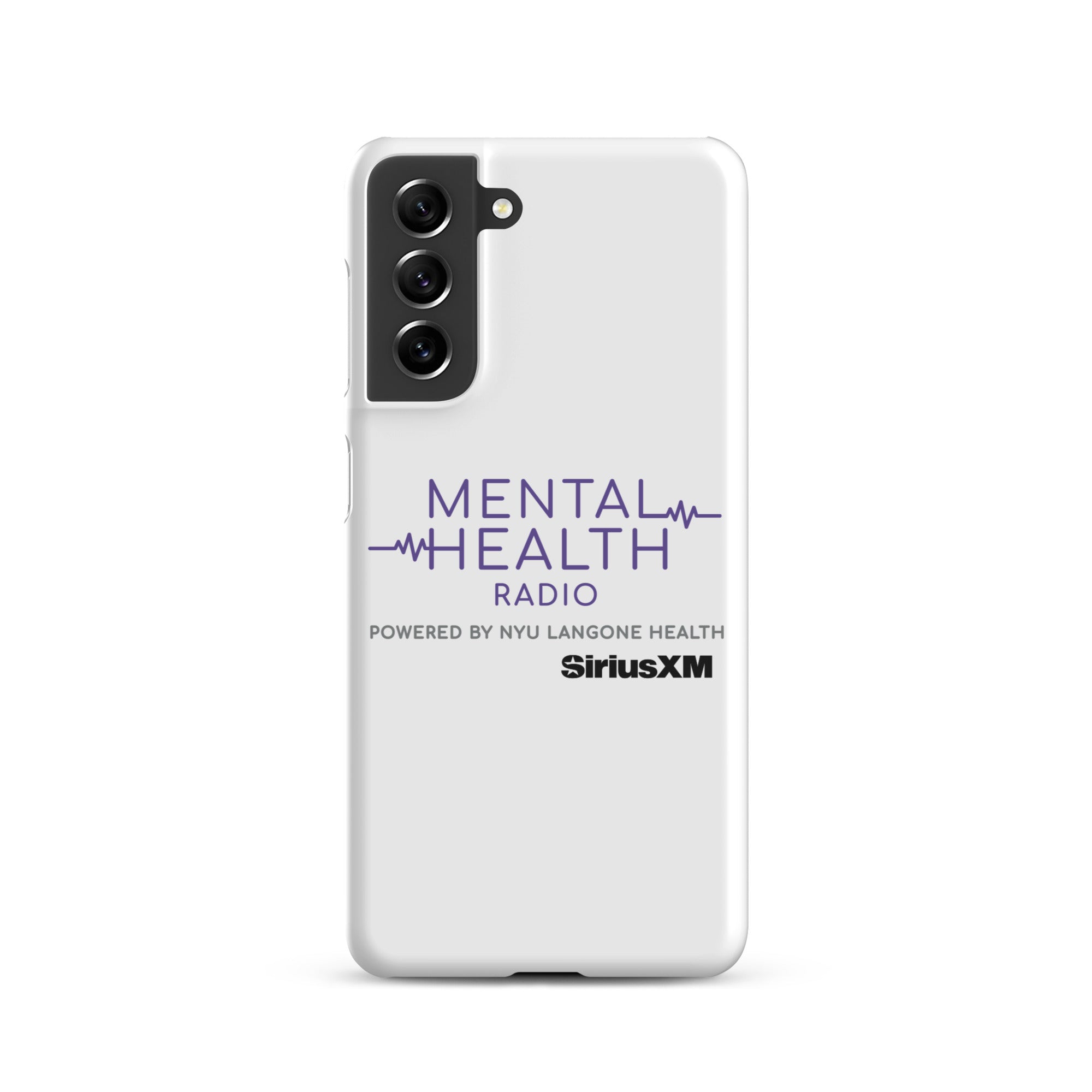 White phone case featuring 'MENTAL HEALTH RADIO powered by NYU Langone Health' logo and 'SiriusXM' branding.