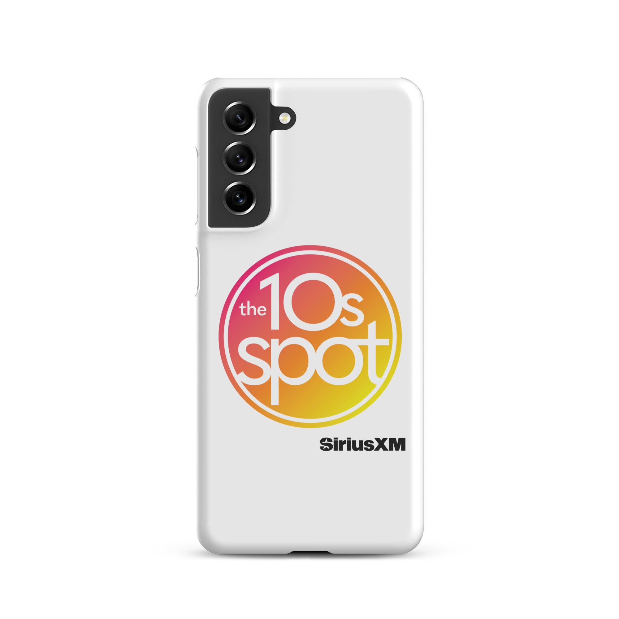 White phone case featuring 'the 10s spot' logo in a pink and yellow gradient and 'SiriusXM' branding.