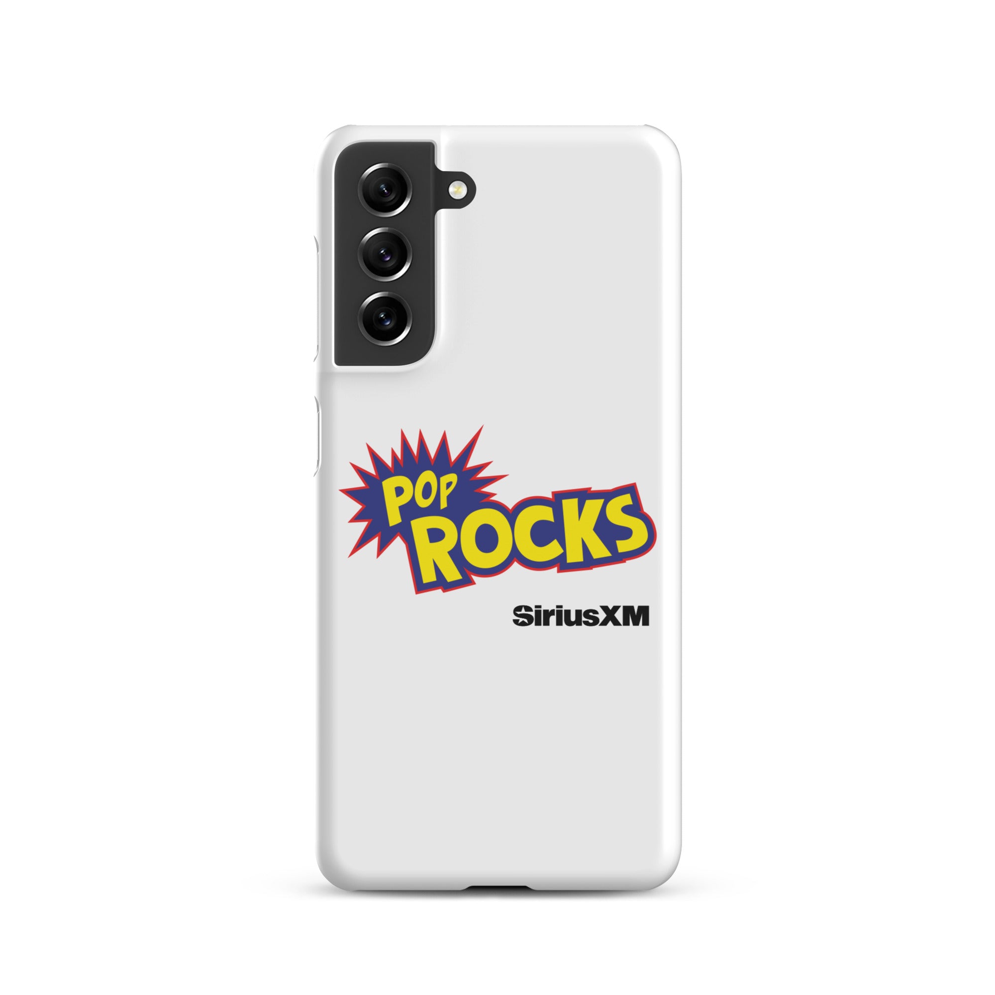 A white phone case featuring 'Pop Rocks' explosion graphic design  'SiriusXM' logo.