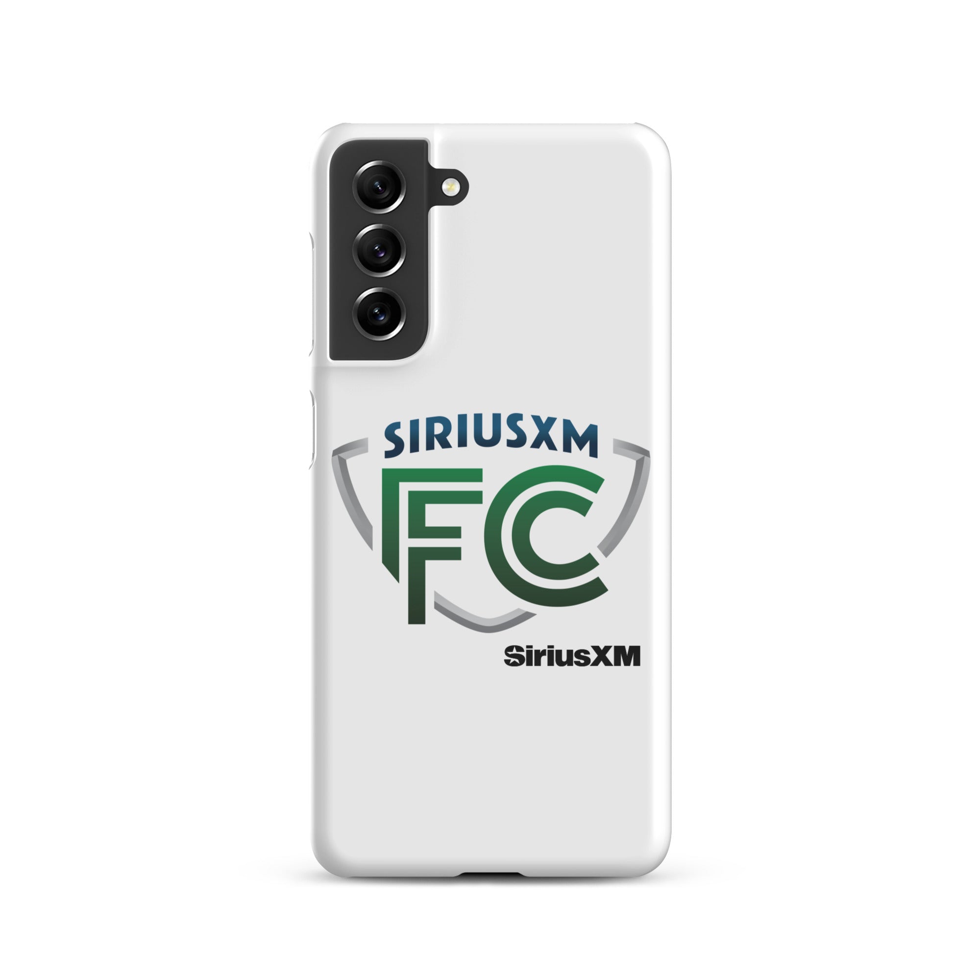 White phone case featuring 'SiriusXM FC' logo in green and blue.