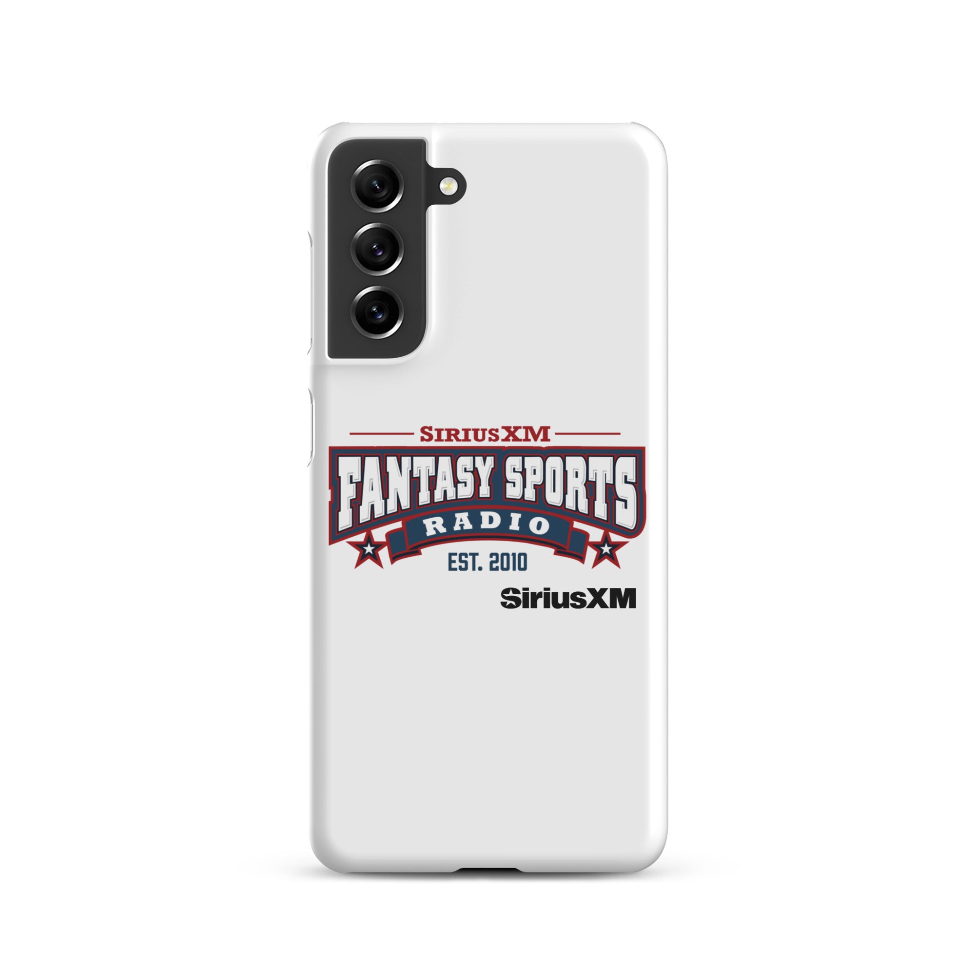 White phone case with 'SiriusXM Fantasy Sports Radio established 2010' logo, featuring red and blue design elements.