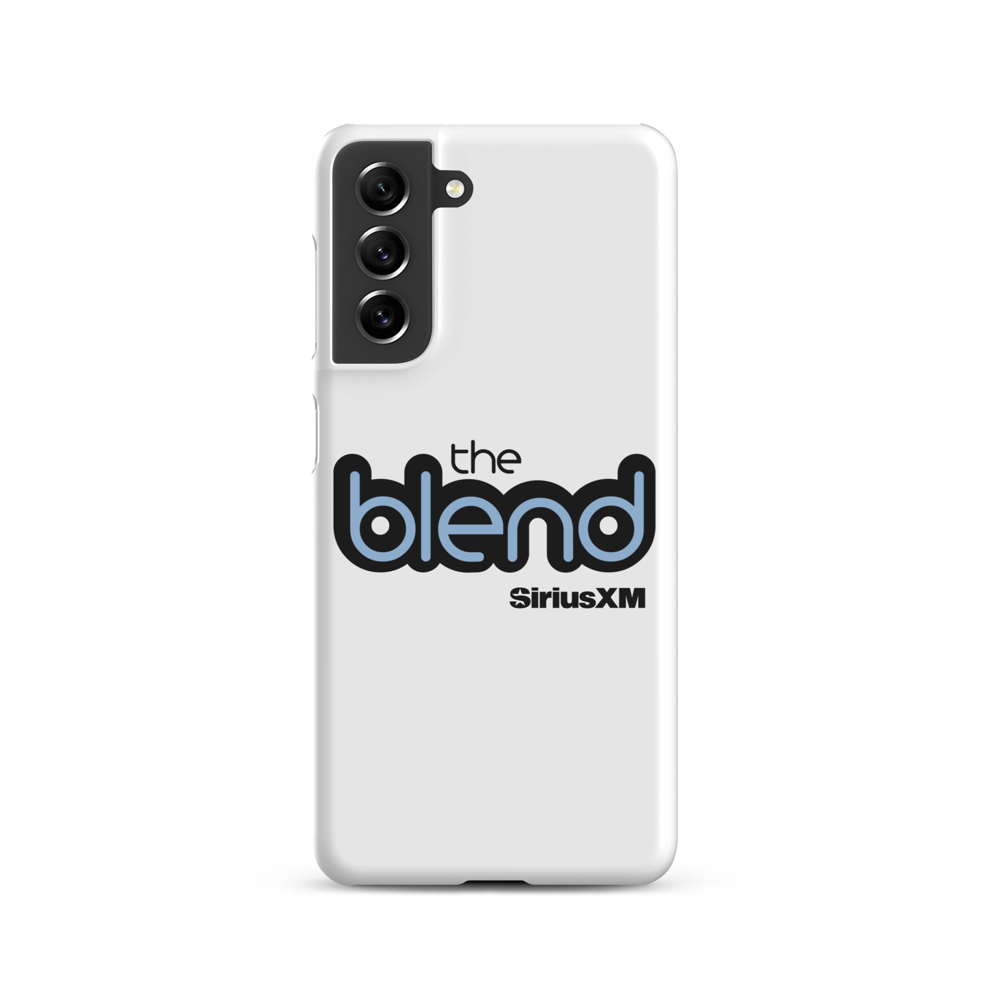 White phone case featuring the logo 'the blend' and 'SiriusXM' in blue and black text.