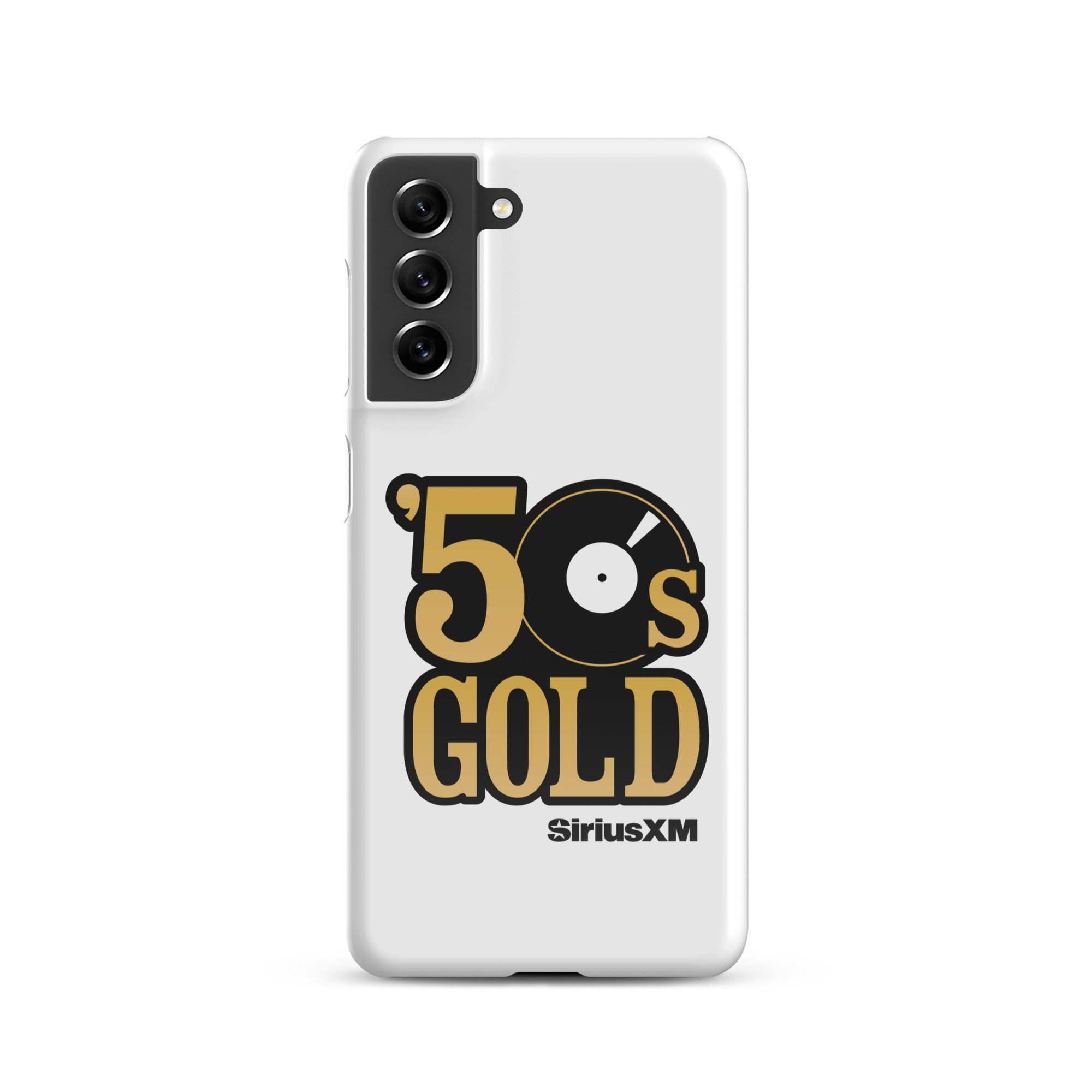 A white phone case featuring '50s GOLD' logo and 'SiriusXM' branding.