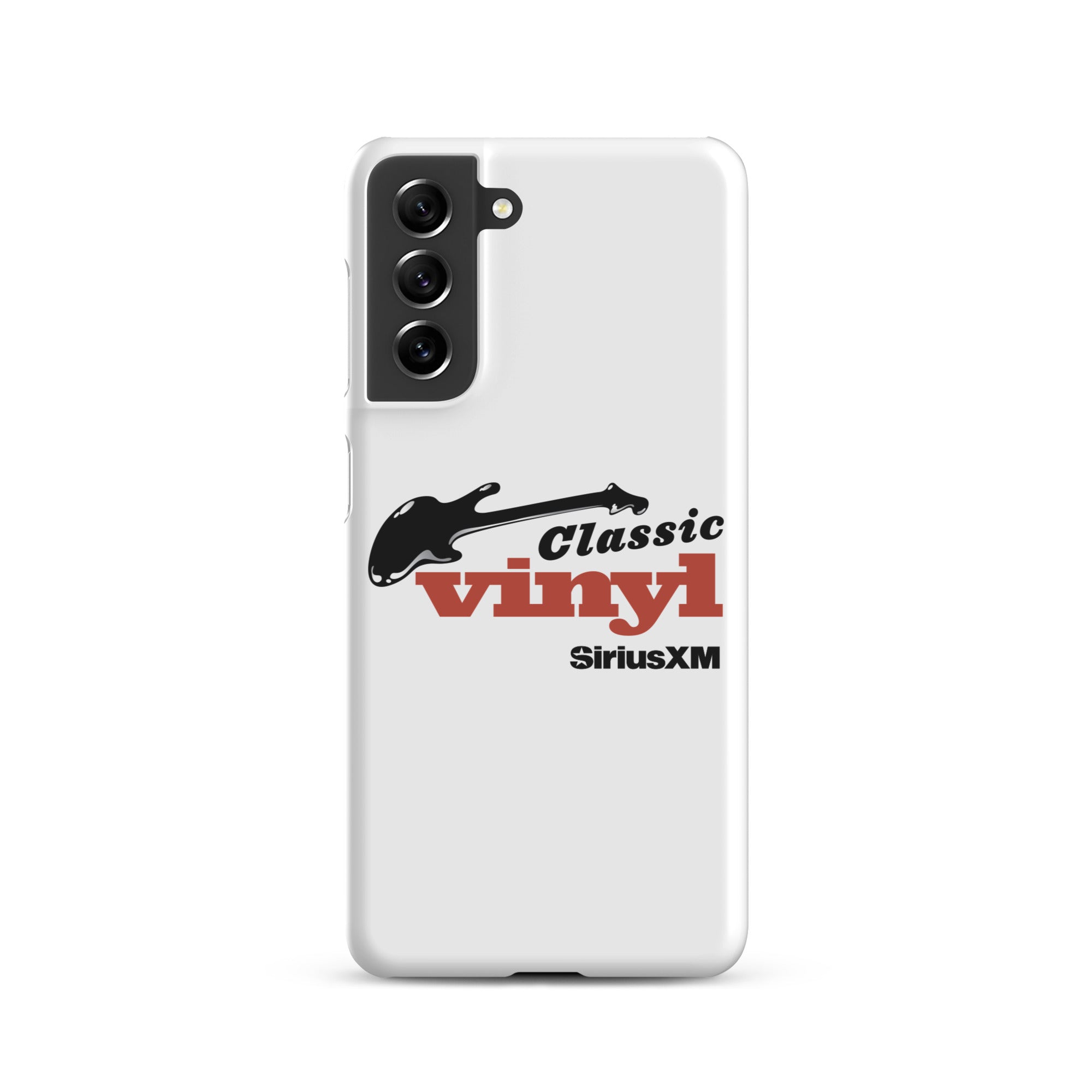 White phone case featuring 'Classic Vinyl' logo in red and black, and a black guitar graphic, with 'SiriusXM' logo.