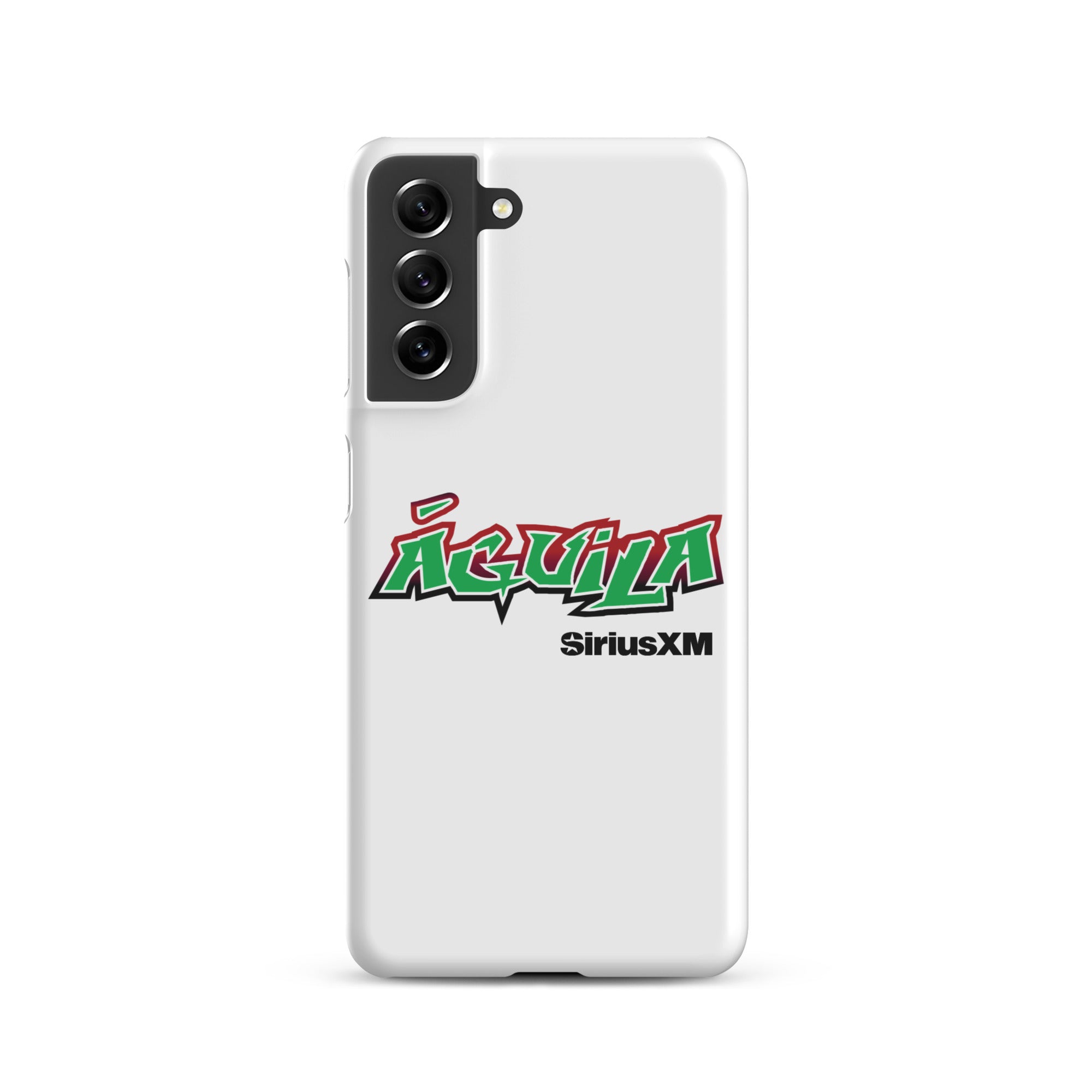 White smartphone case featuring 'Águila' in green and red text with 'SiriusXM' below.