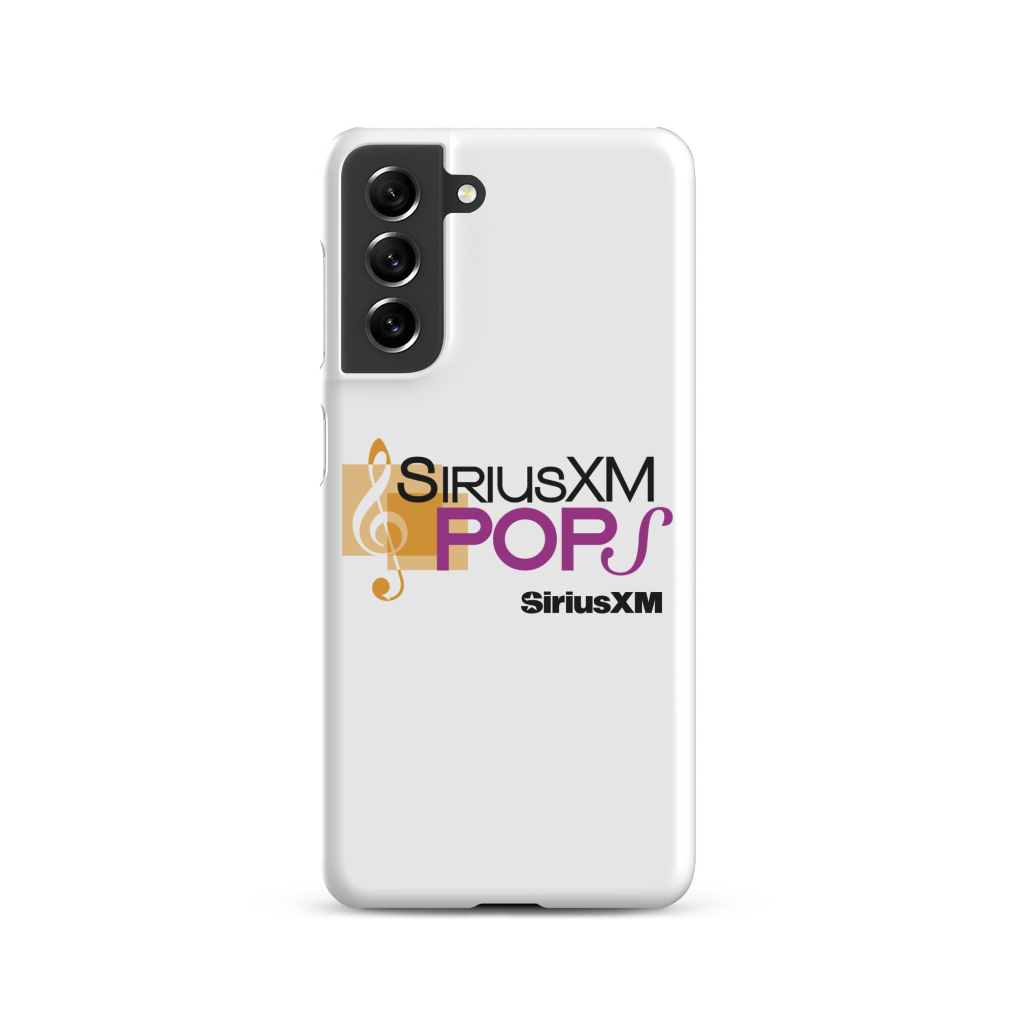 White phone case with 'SiriusXM Pops' logo featuring musical notes and 'SiriusXM' branding.