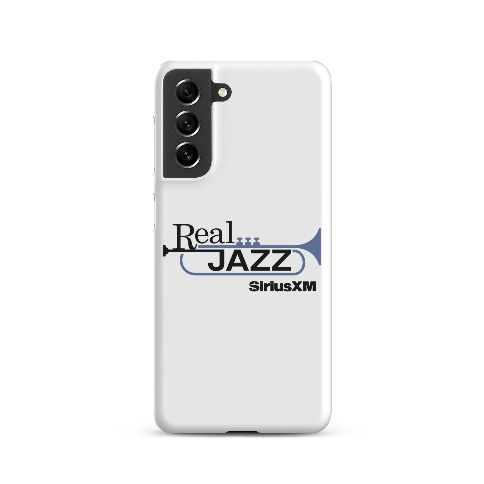 White phone case featuring 'Real Jazz' logo with trumpet and 'SiriusXM' text.