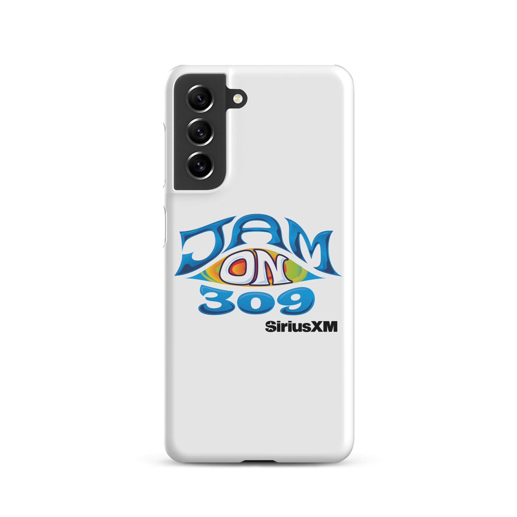 White phone case featuring 'JAM ON 309' logo and 'SiriusXM' text in blue and colorful design.