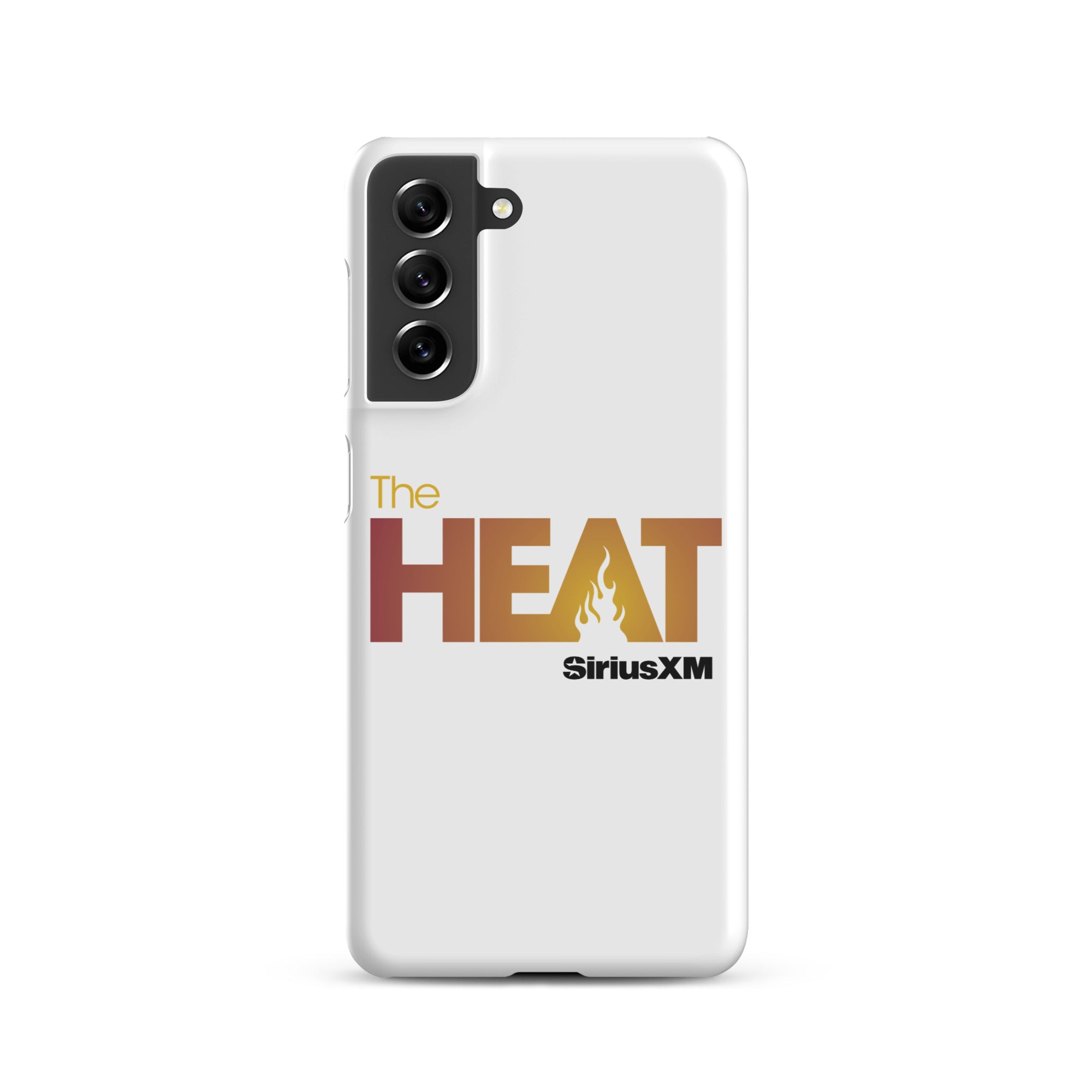 White phone case featuring 'The HEAT' logo with a flame design in orange and red hues and 'SiriusXM' branding.