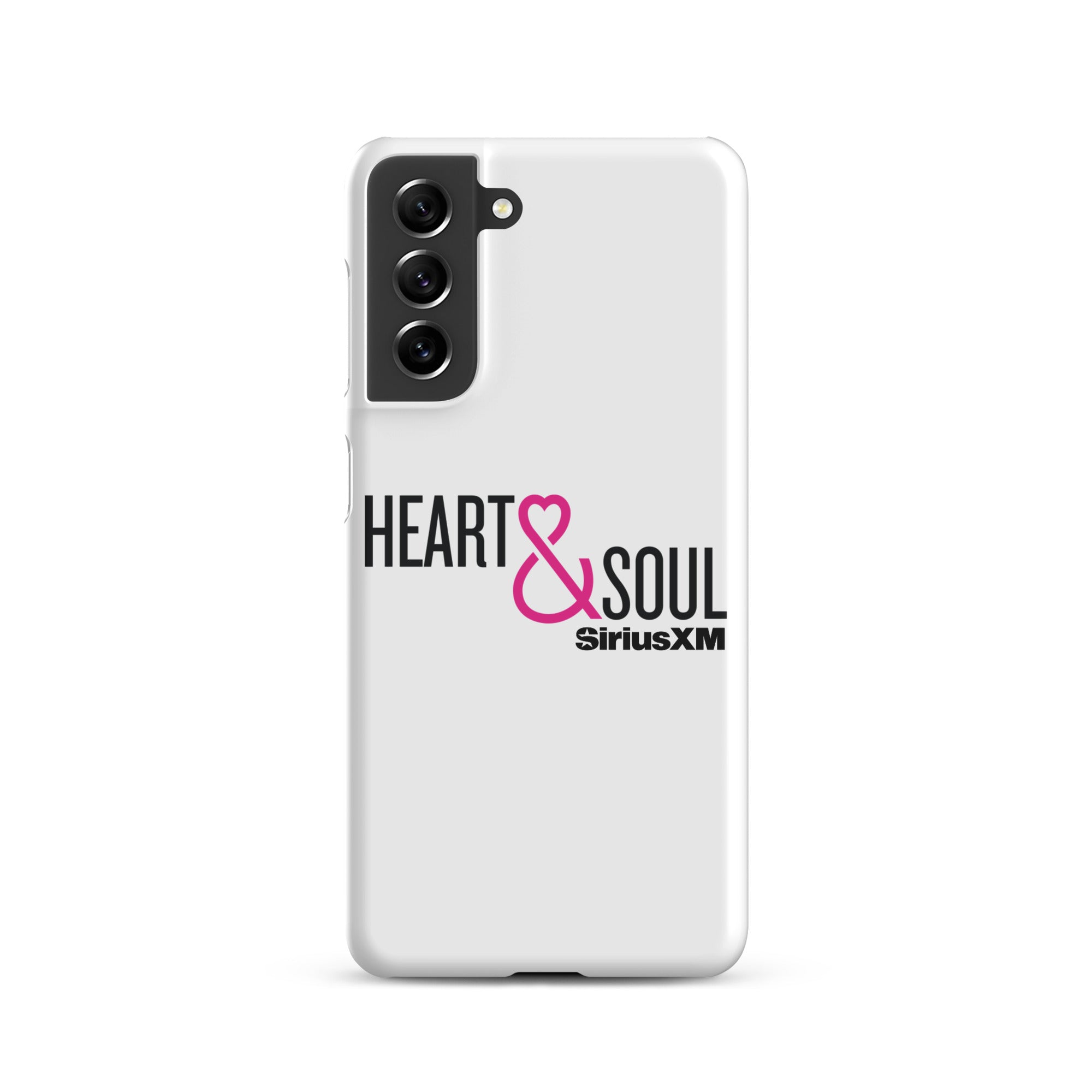 White phone case featuring 'HEART & SOUL' in black and pink text, with 'SiriusXM' logo.