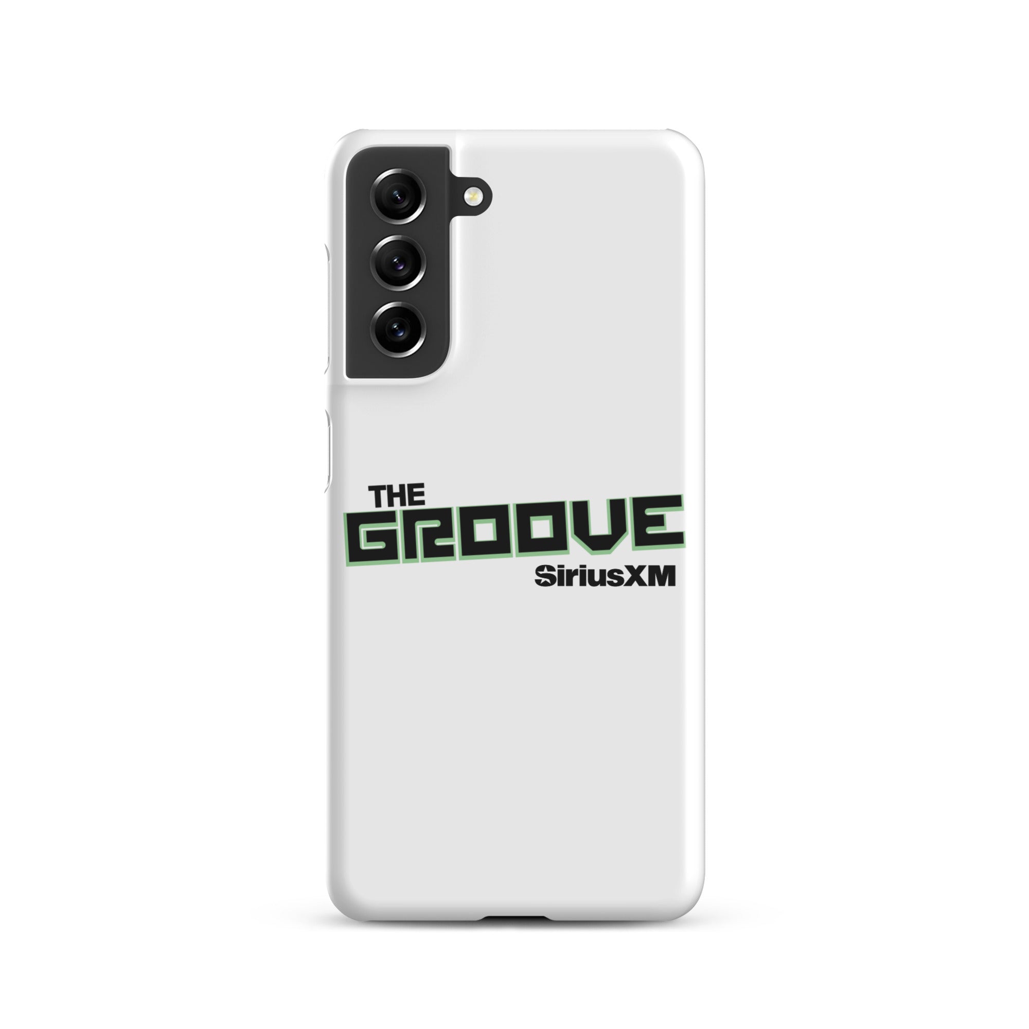 White phone case featuring 'THE GROOVE' and 'SiriusXM' logos in green and black.