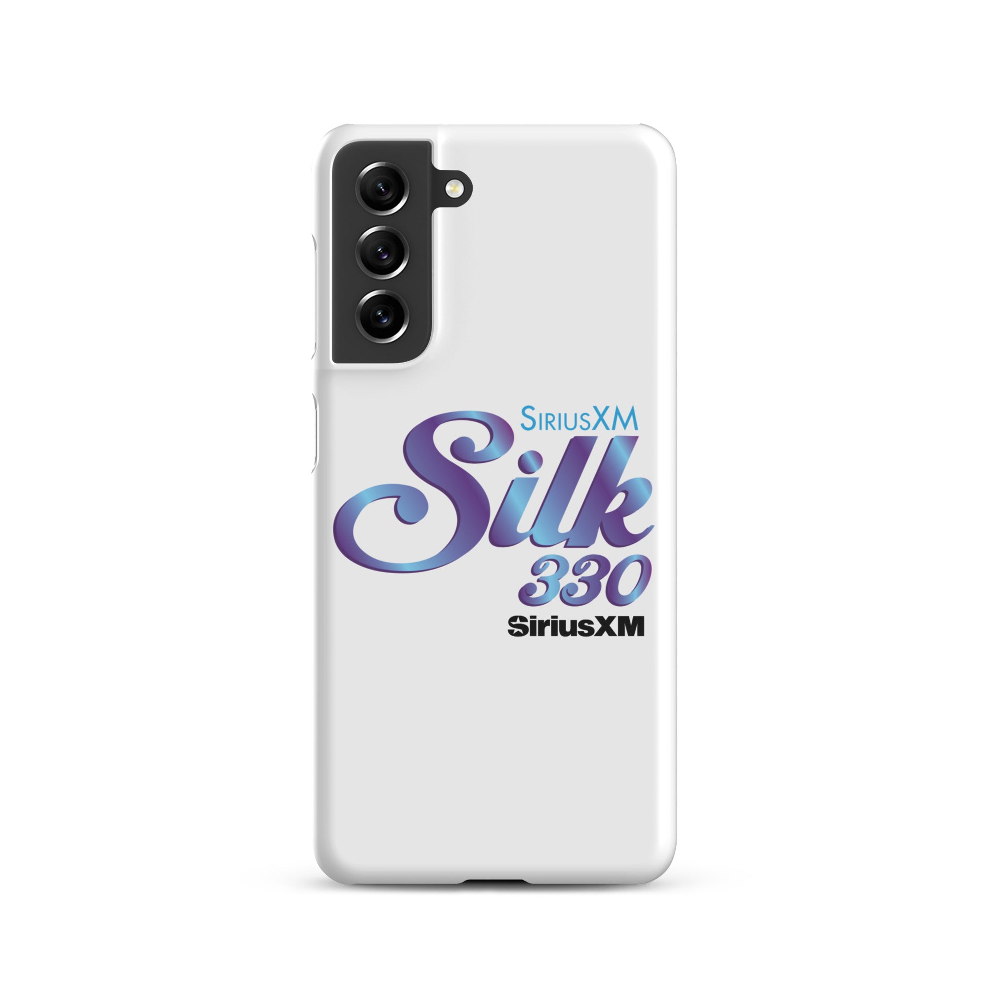 White phone case featuring 'SiriusXM Silk 330' logo in purple and 'SiriusXM' branding in black text.