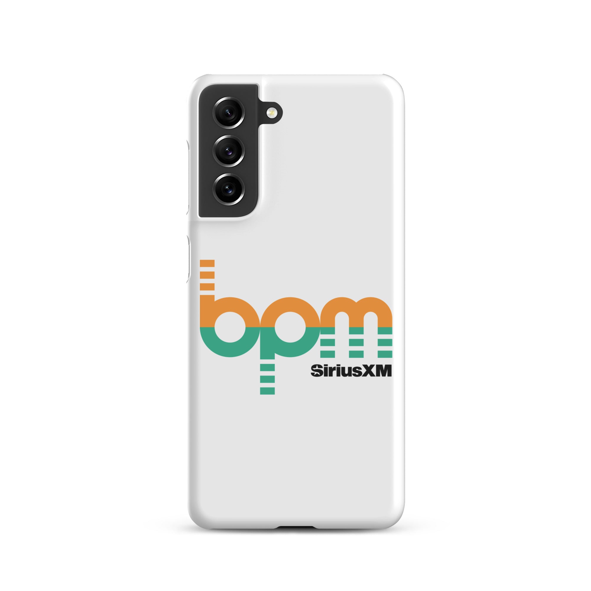 A white phone case featuring the 'BPM SiriusXM' logo in orange and green.