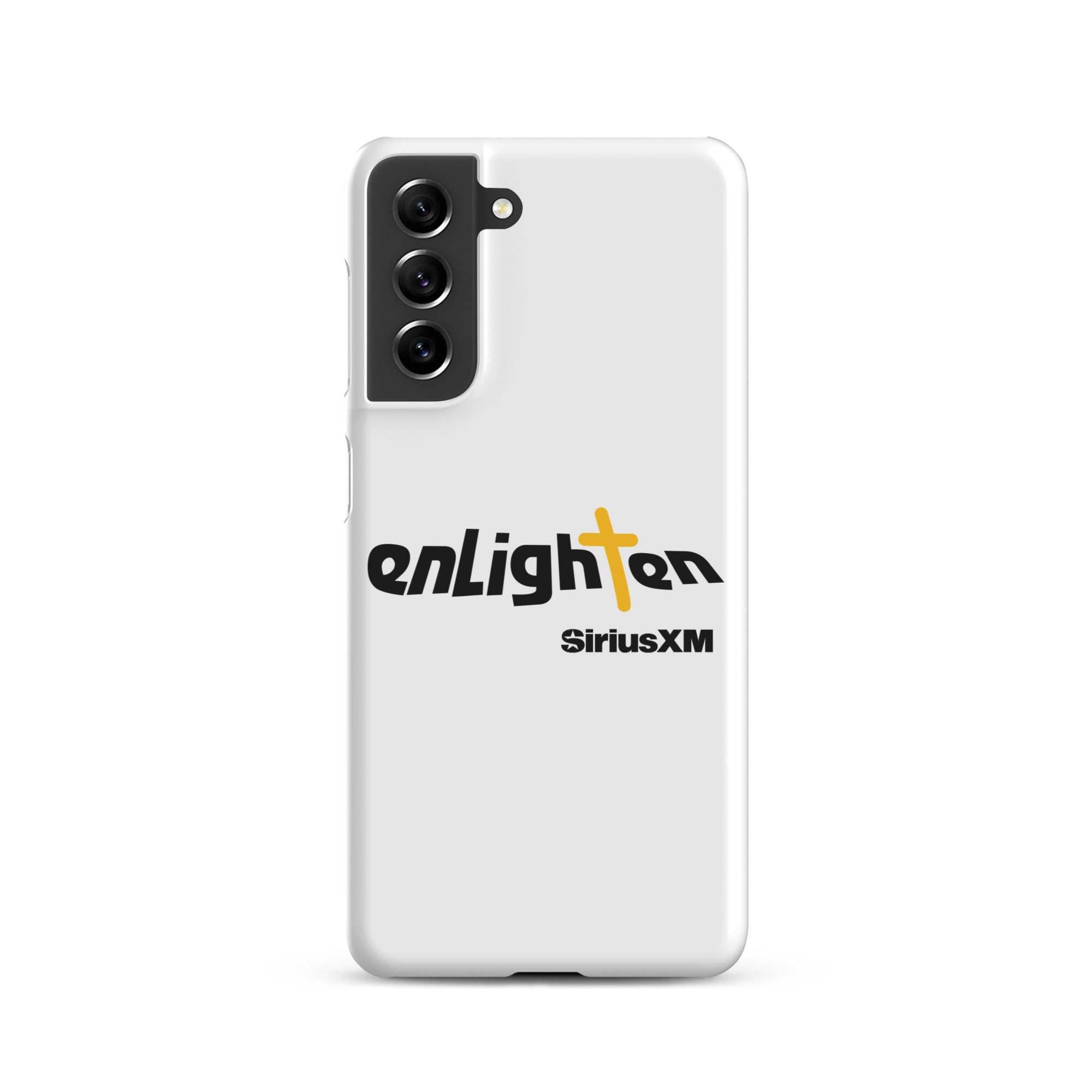 White smartphone case featuring 'enLighten' with black text and a yellow cross and 'SiriusXM' text.