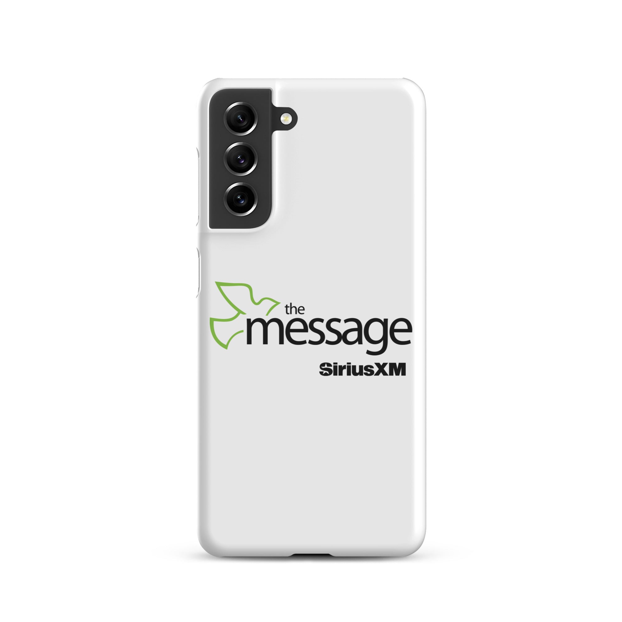 White phone case featuring 'the message' logo alongside 'SiriusXM' branding.